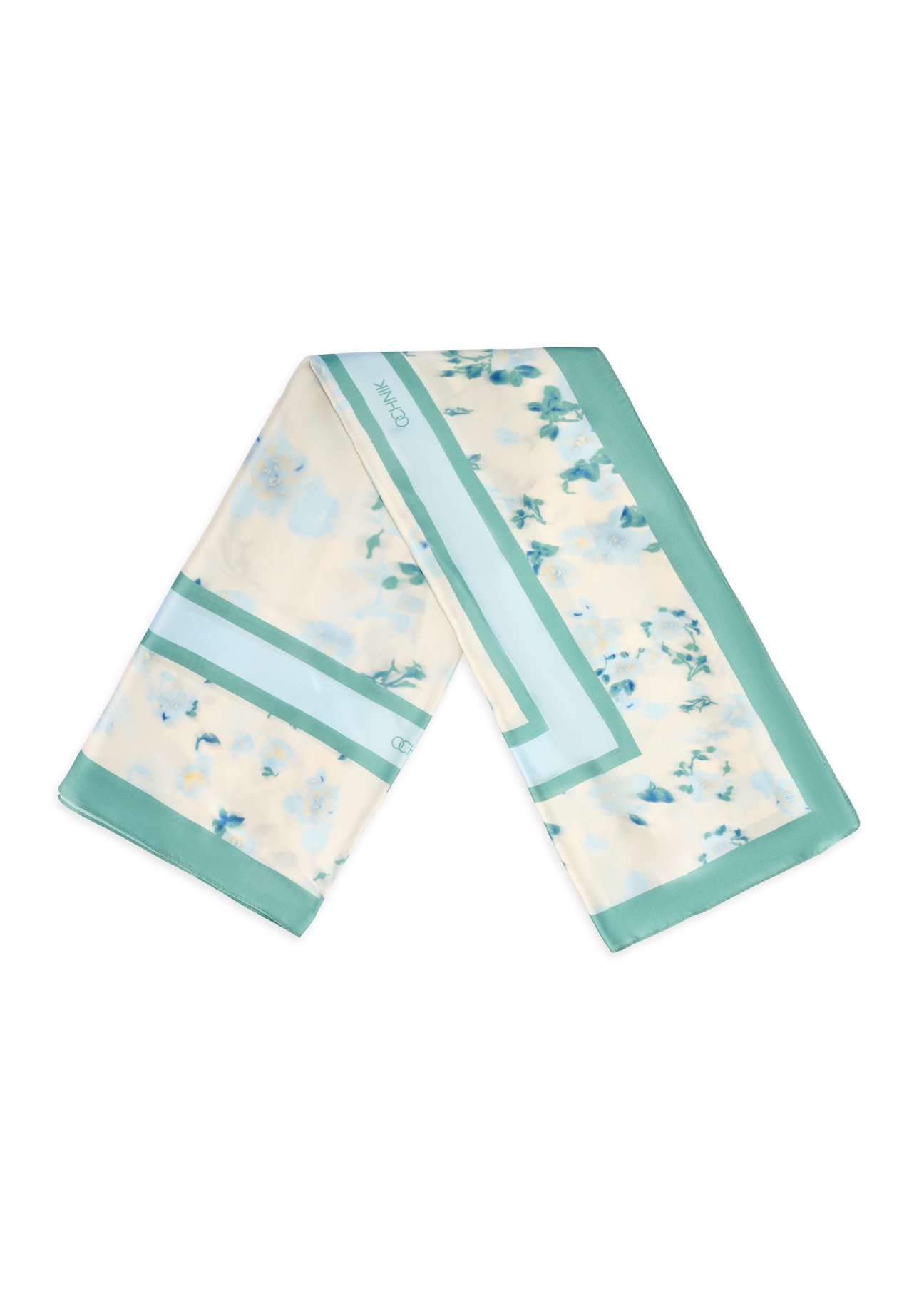 Women's scarf with blue flowers SZADT-0191-7B(W26), view of the folded product on a white background.