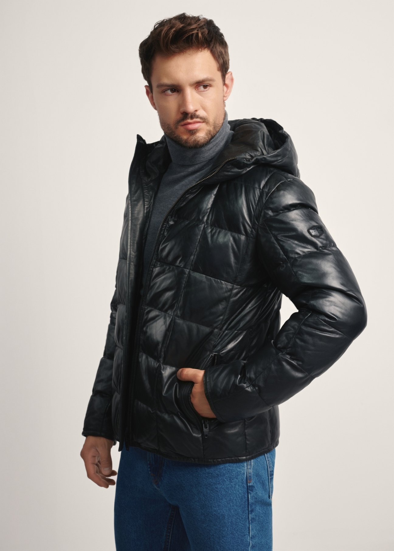 Black men's leather insulated jacket KURMS-0376-1127(Z25) - side view of the product on a white background.