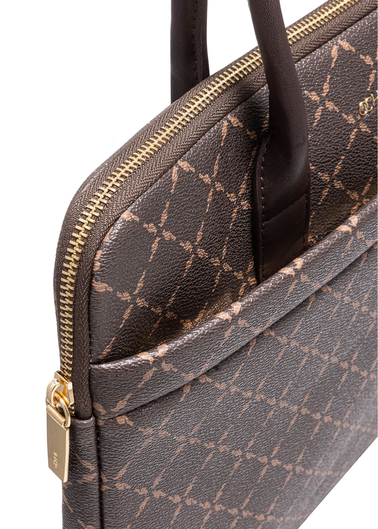 Brown laptop bag with monogram TOREC-1078-89(Z25) - close-up of detail on white background.