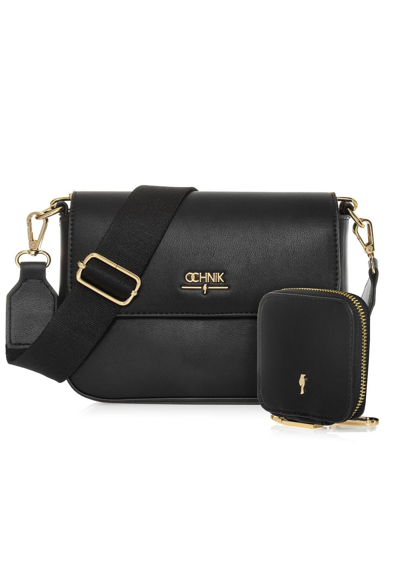 Black women's messenger bag with chain TOREC-0767C-99(Z25) - front view of the product in a set on a white background.