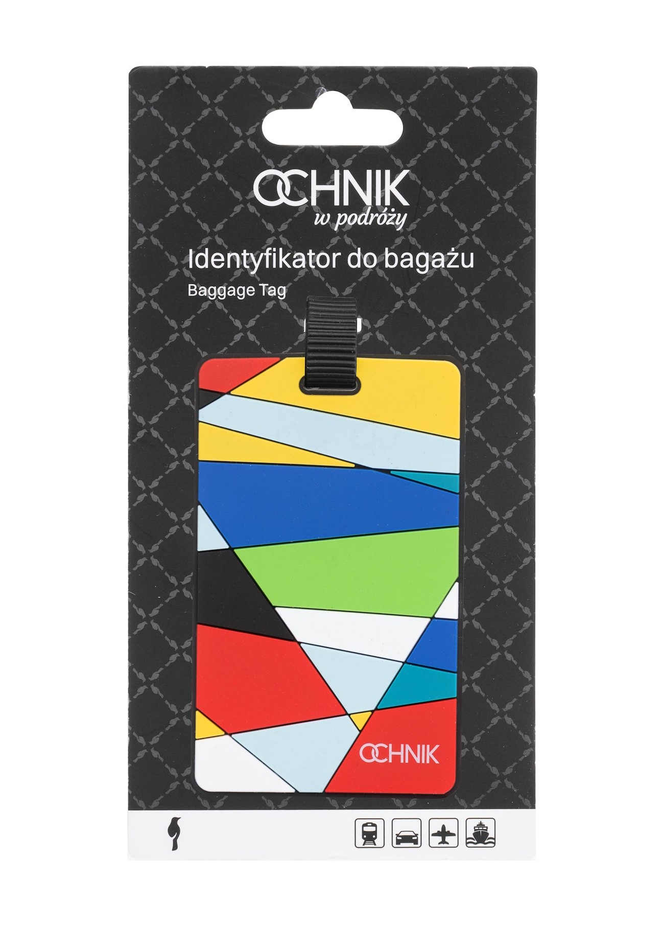Luggage tag AW-012-0005-15(W25), front view of the product in the package on a white background.
