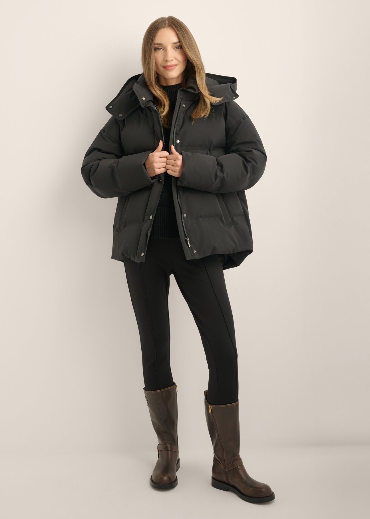 Women's jacket with natural fill KURDT-0702-99(Z26), front view of the product on a model. Full body visible.