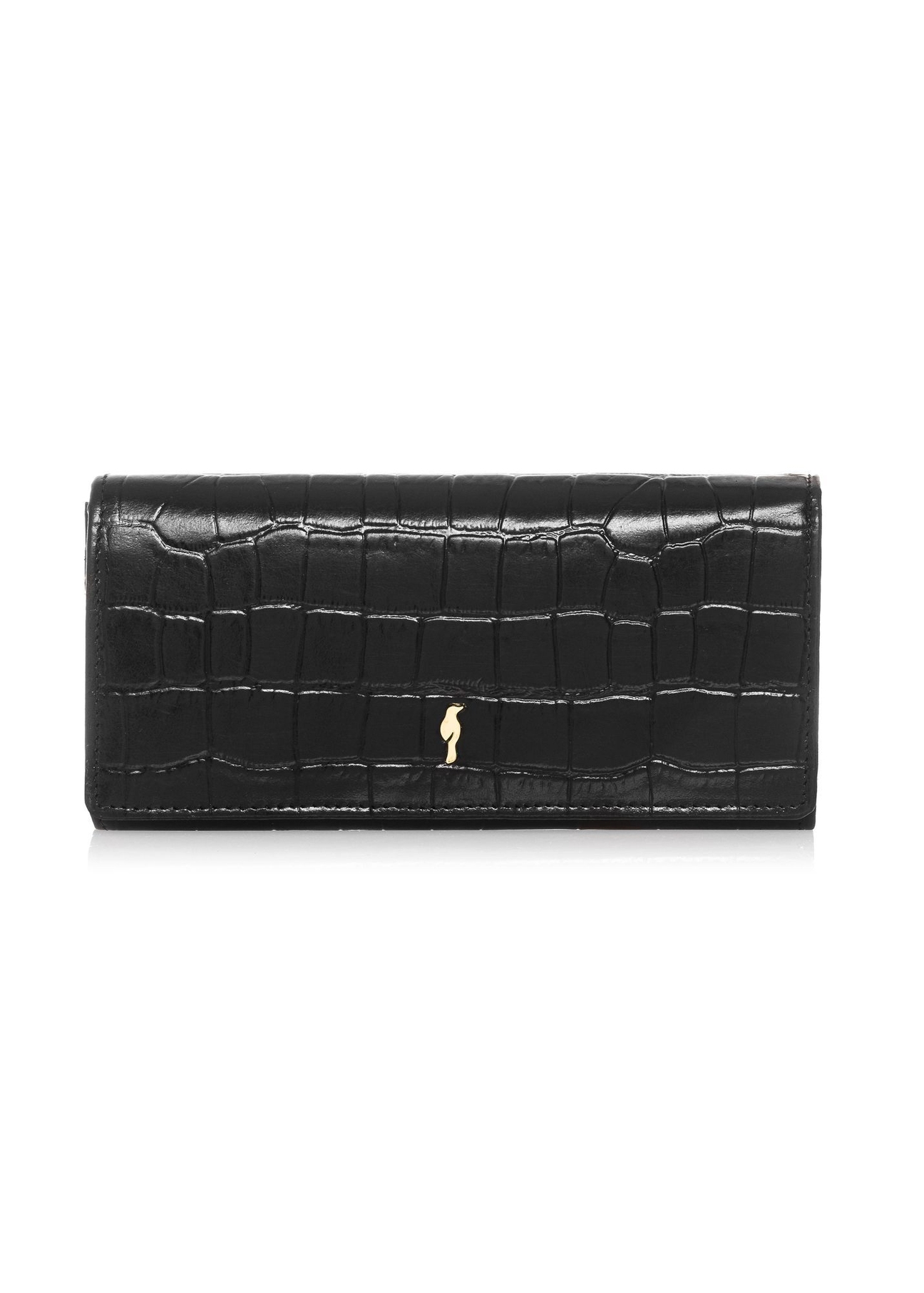 Women's leather black croco wallet PORES-0889B-99(Z25), front product view on white background.