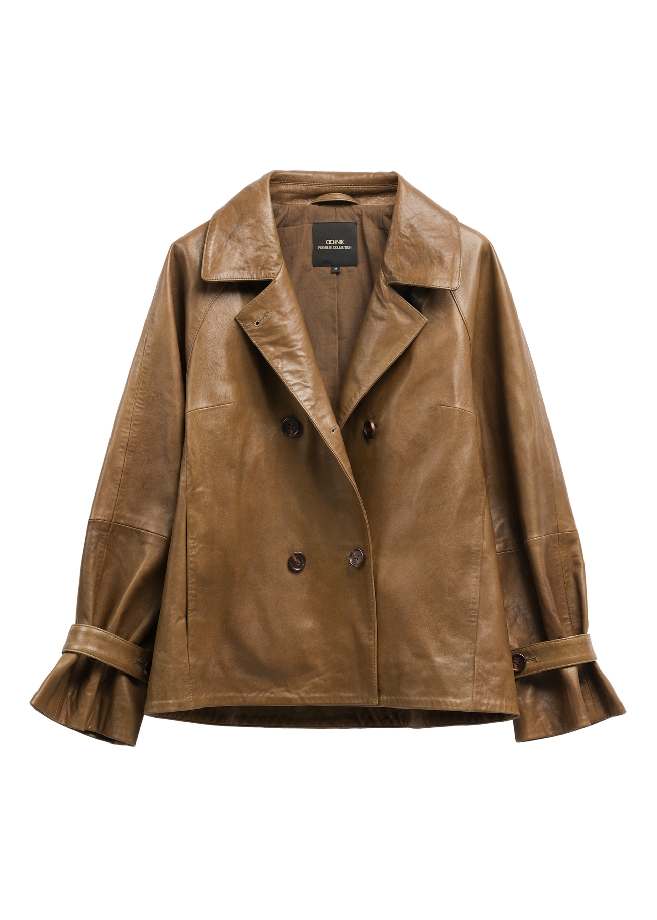 Women's khaki leather jacket KURDS-0604-8D(W26), front product view on white background.