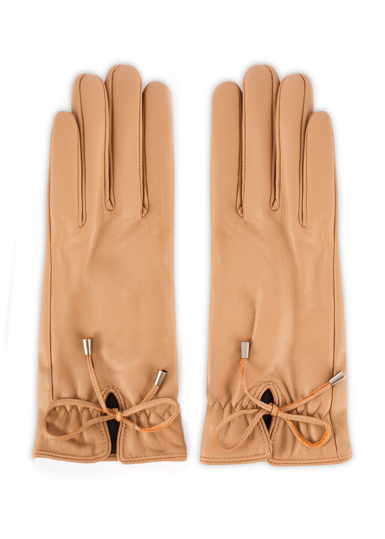 Women's leather gloves with ties REKDS-0021A-81(Z25), product view from the front on a white background.
