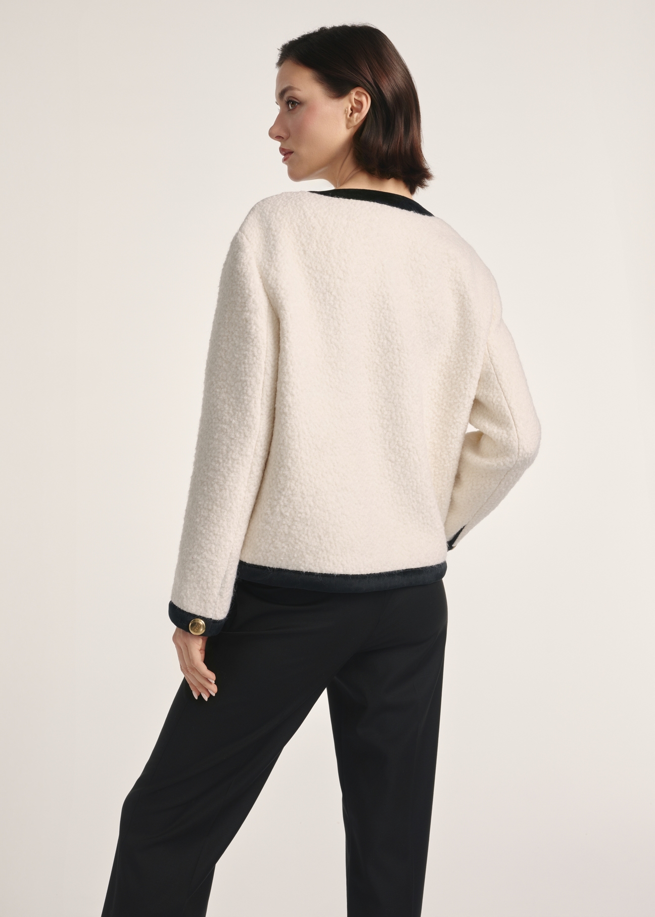 Cream short women's jacket with wool FUTDW-0037-12(Z25) - product view from the back on the model on a white background. Visible silhouette to the knee.