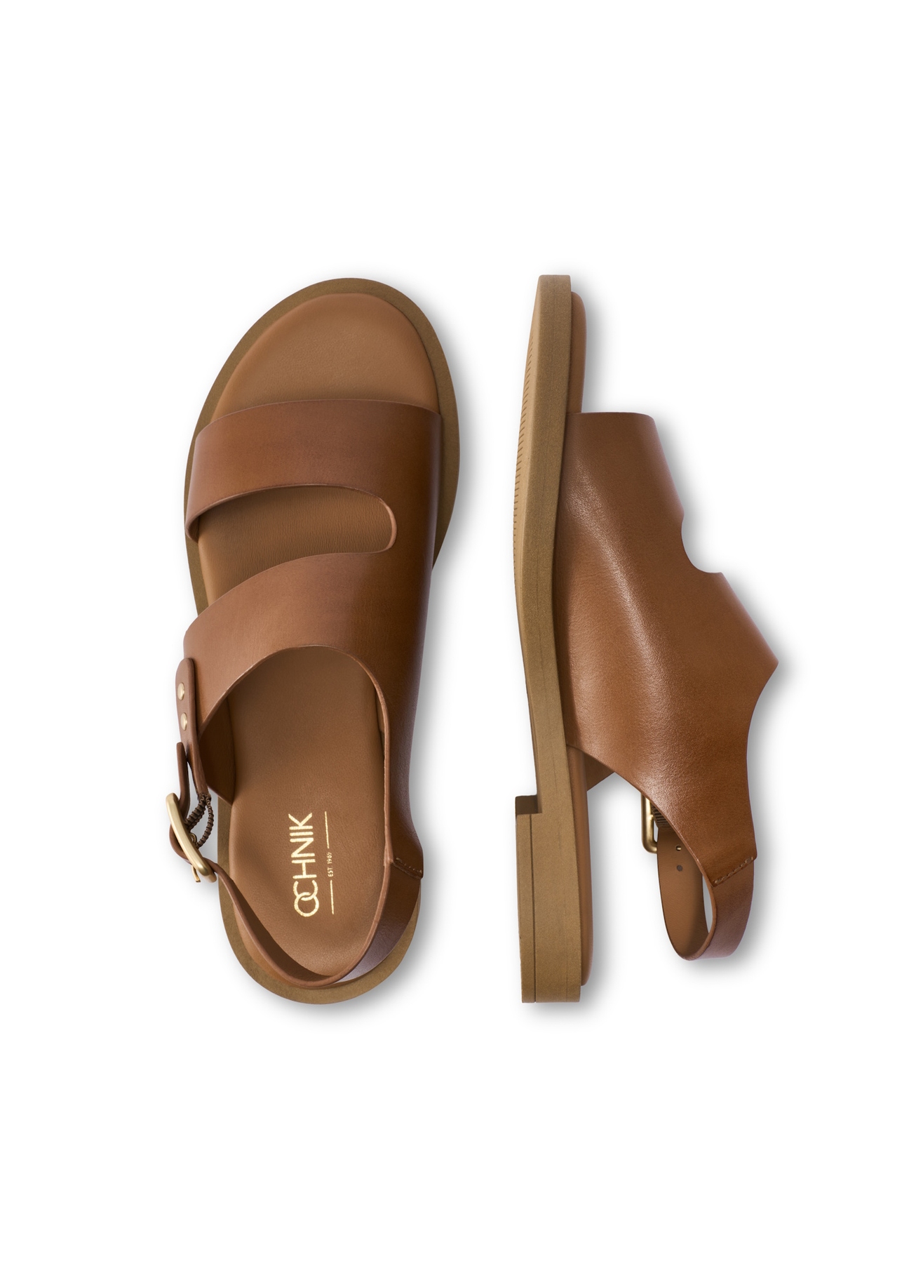 Women's leather sandals in cognac color BUTYD-1264-1F(W26), product view from above on white background.