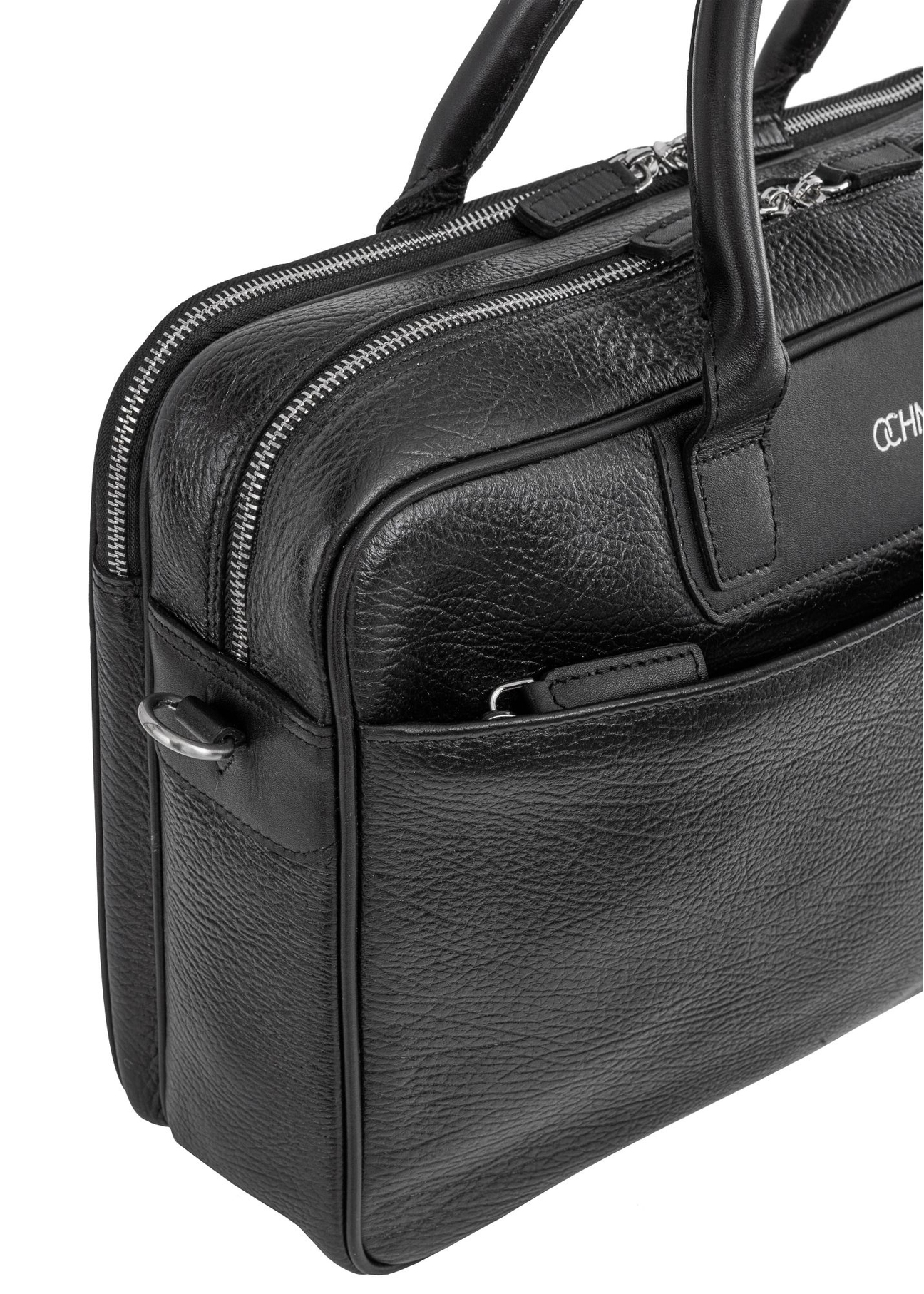 Black leather men's bag TORMS-0299A-99(Z25) - close-up of detail on white background.