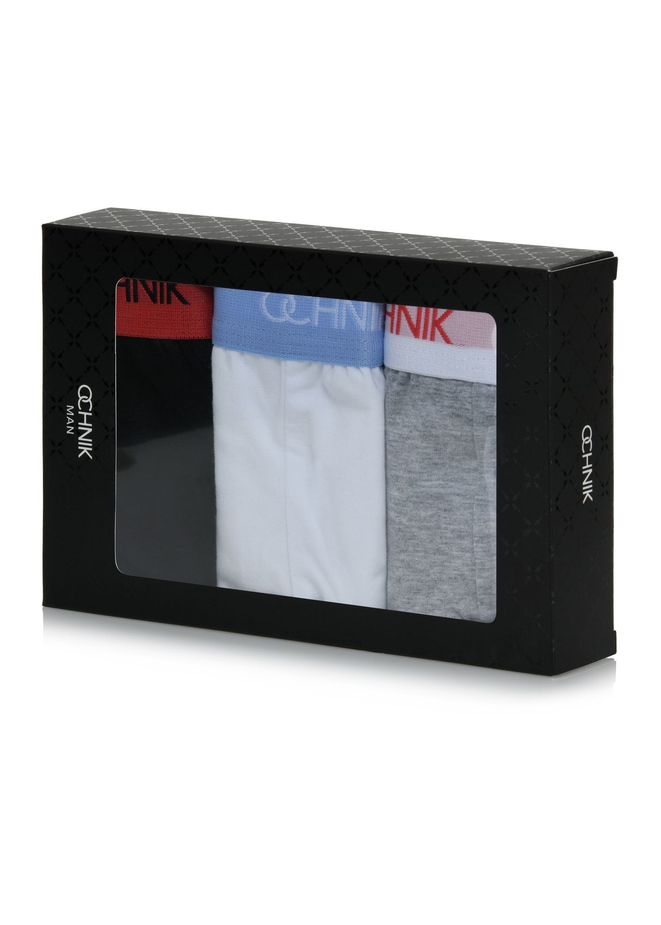 Three-pack of colorful men's briefs ZESMS-0002-00(W26), view of the product in the packaging on a white background.