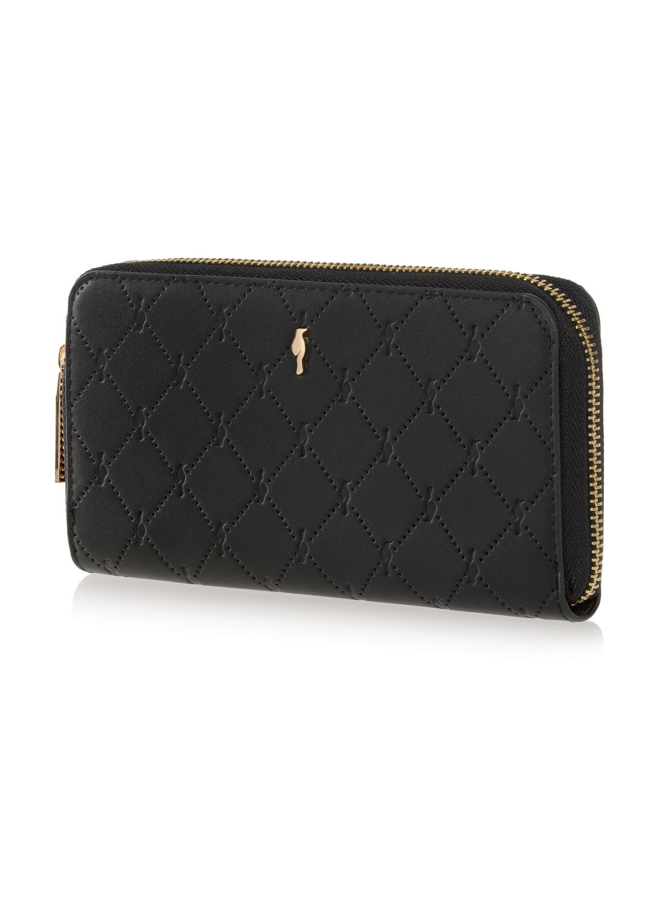 Large black women's wallet with embossing POREC-0350A-99(Z25) - diagonal view of the product on a white background.