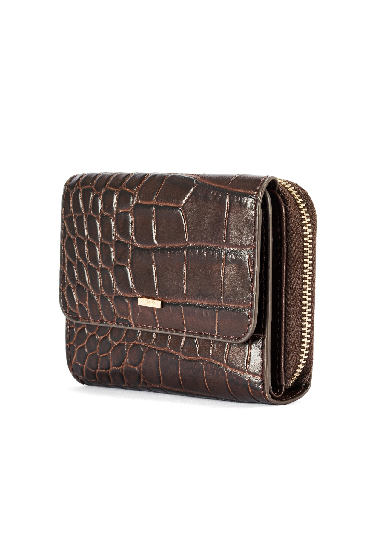 Brown women's croco wallet PORES-0953-89(W25) - diagonal product view on white background.