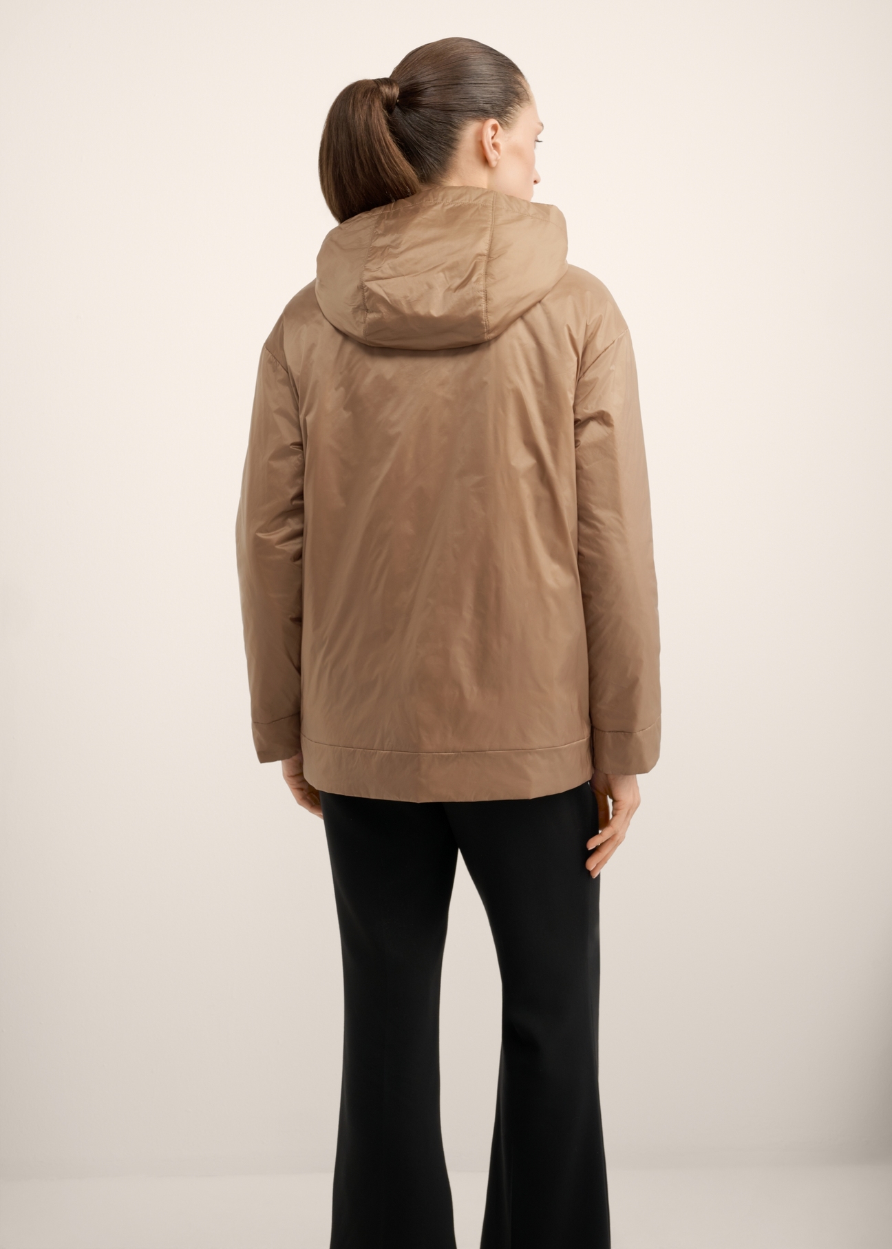 Beige women's plain jacket KURDT-0690-1J(Z26), back view of the product on the model. Half of the silhouette visible.