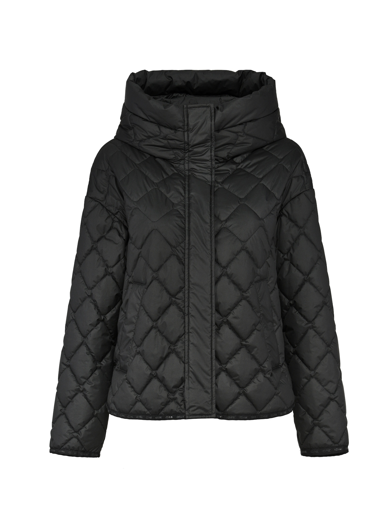Black women's quilted jacket with hood KURDT-0588-99(Z25) - front product view on white background.