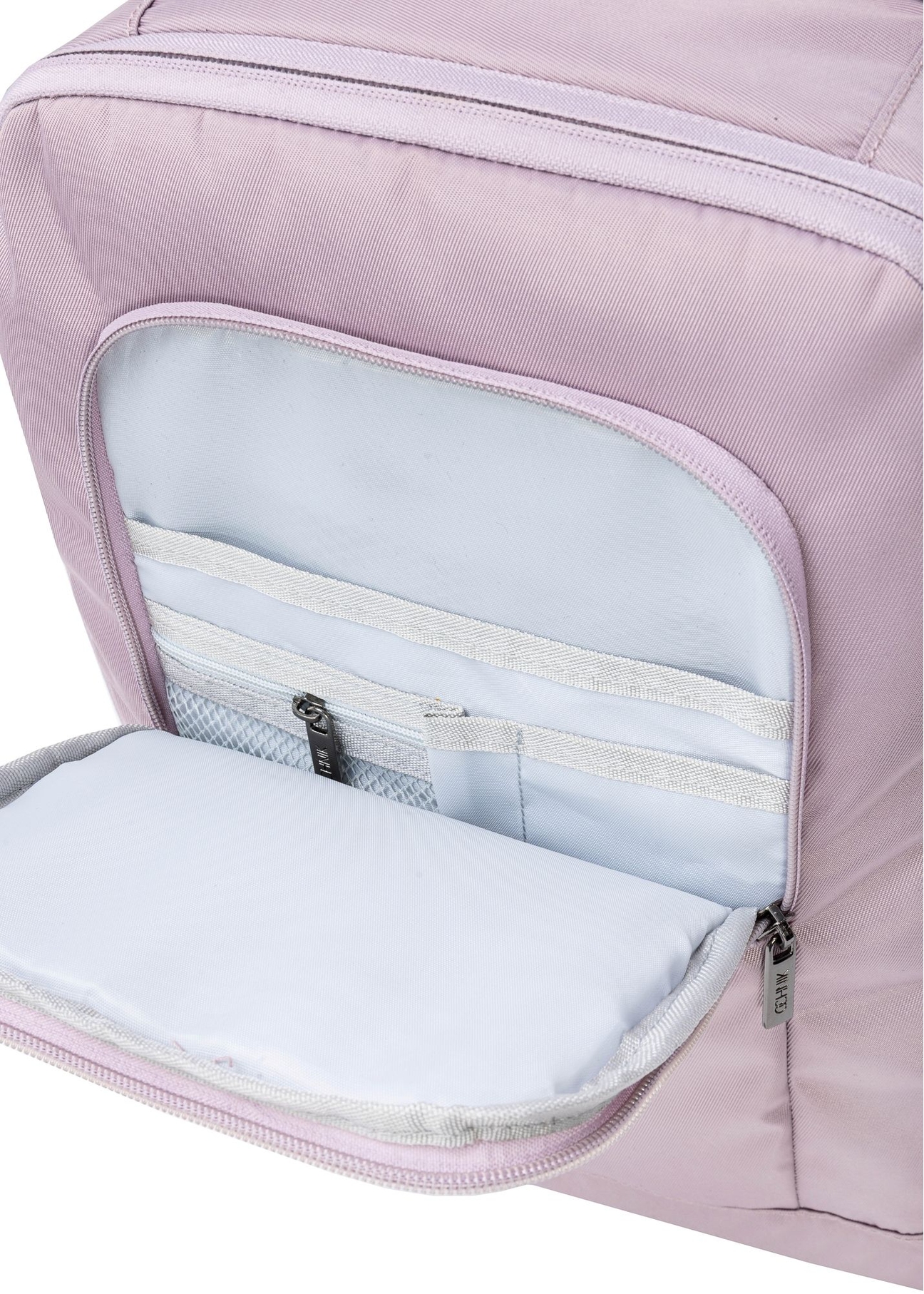 Pink backpack PLCMN-0014A-31(Z25), close-up of the open product pocket, viewed against a white background.