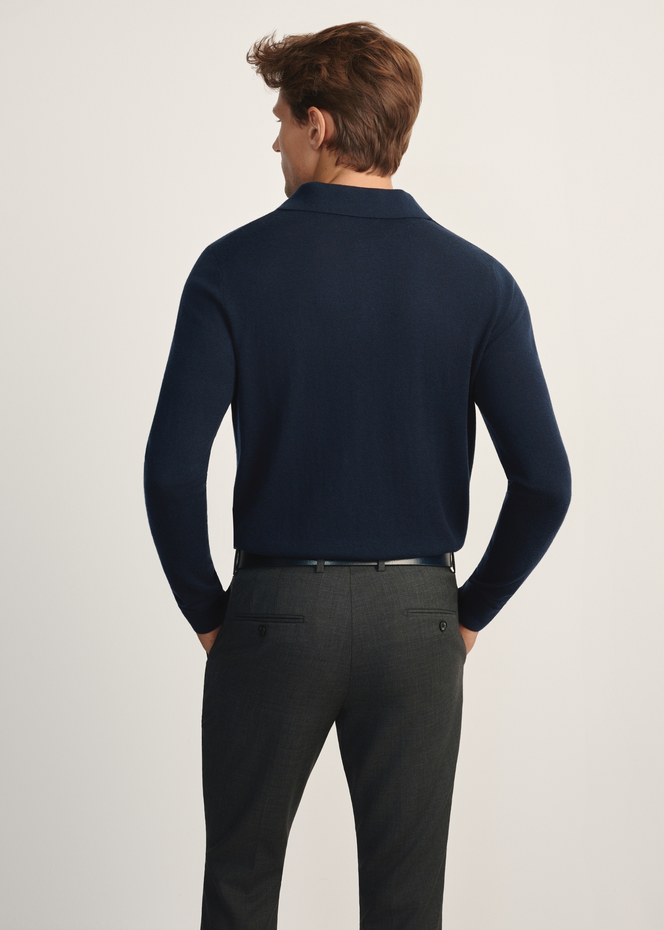 Navy blue men's wool and silk sweater SWEMT-0184-68(Z25), product view from the back on the model, half of the silhouette visible.