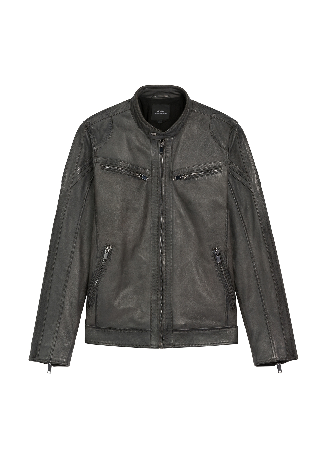 Graphite men's leather jacket KURMS-0393-9D(W26) - product view on model, on white background.