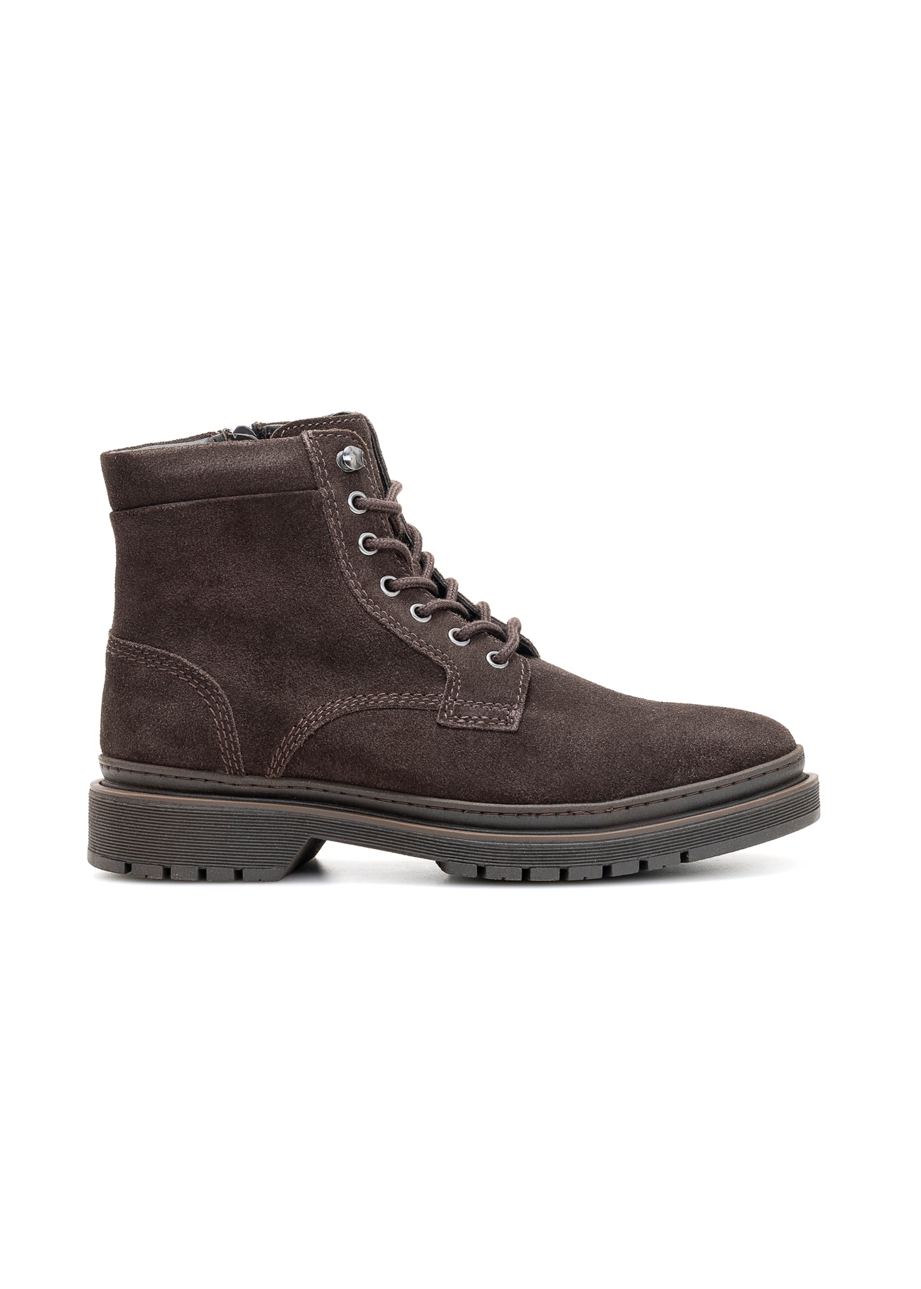 Brown suede men's ankle boots BUTYM-0515-89(Z25), product view from the side on a white background.