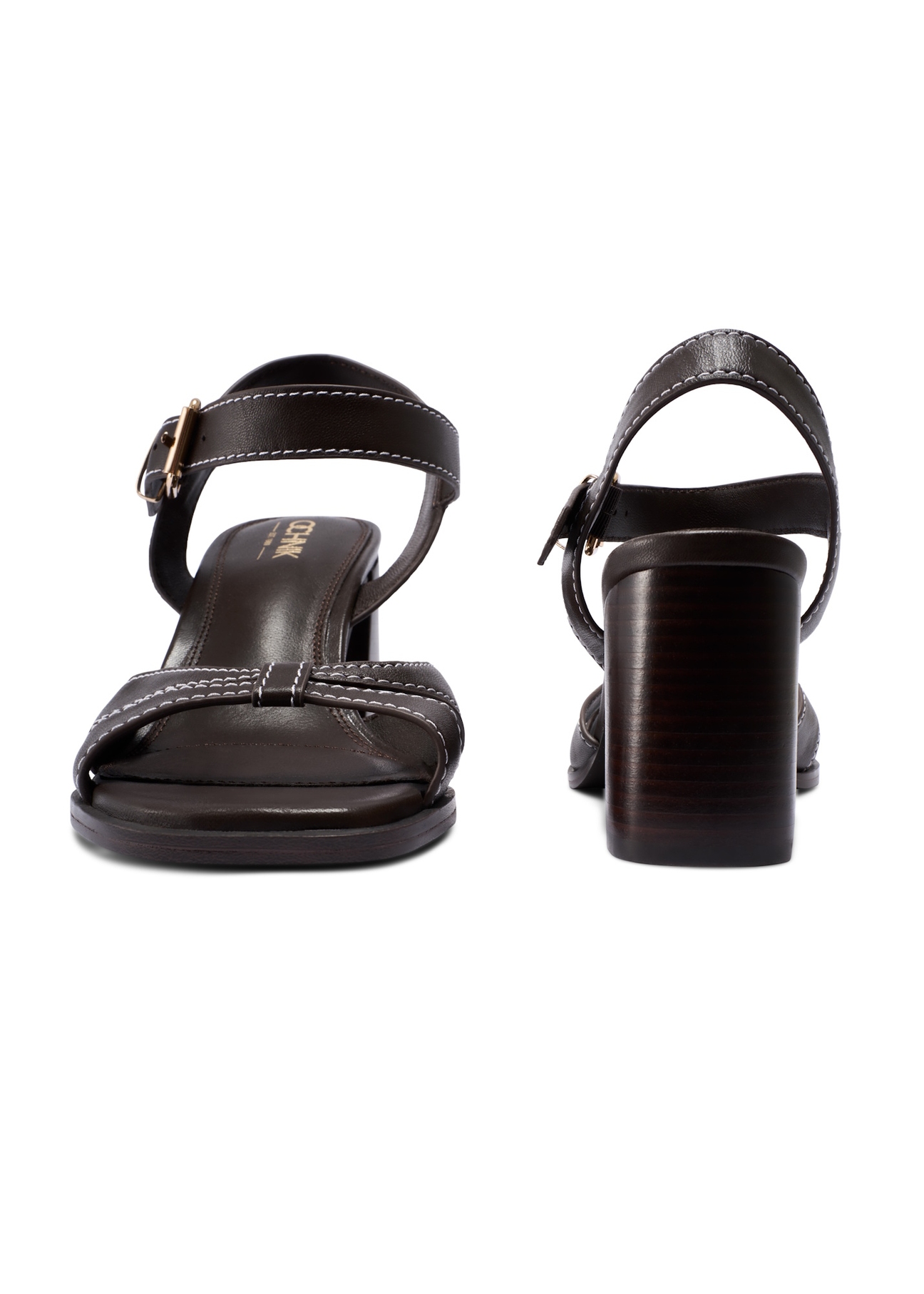 Dark brown leather block heel sandals BUTYD-1232-1I(W26), front and back product view on white background.