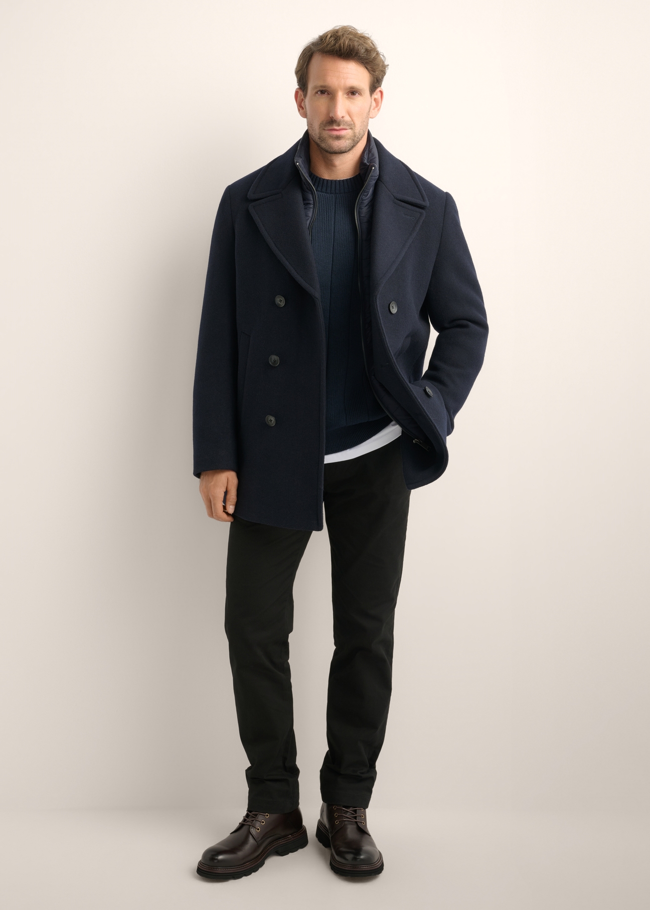 Men's dark navy wool coat PLAMT-0012-7E(Z26), front product view on model. Full body visible.
