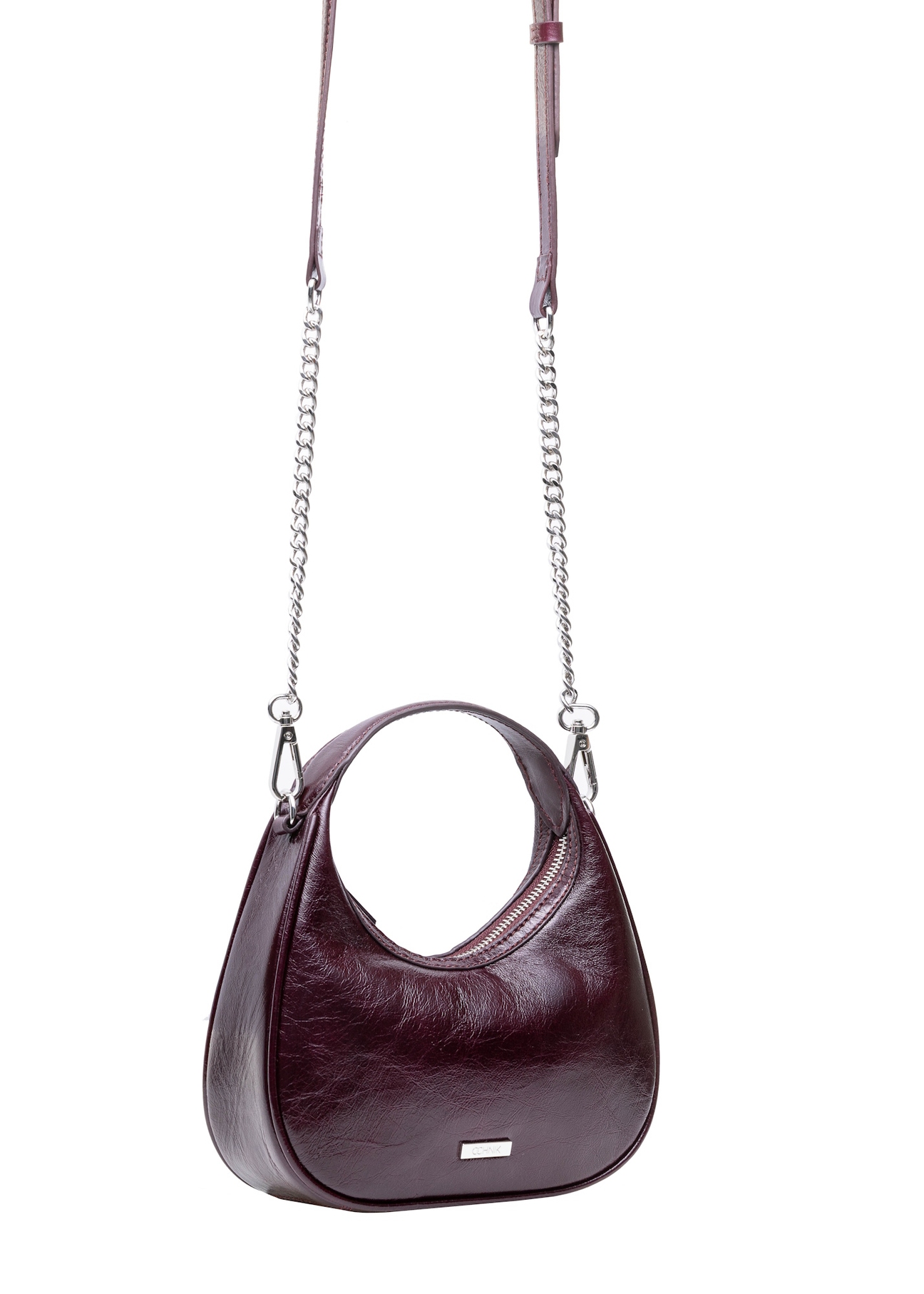 Small burgundy leather hobo bag TORES-1174-49(Z25), product view on chain on white background.