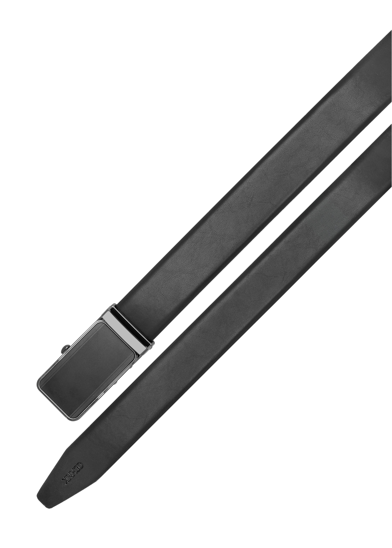 Men's black leather belt PASMS-0276-99(W26), top view of the product on a white background.