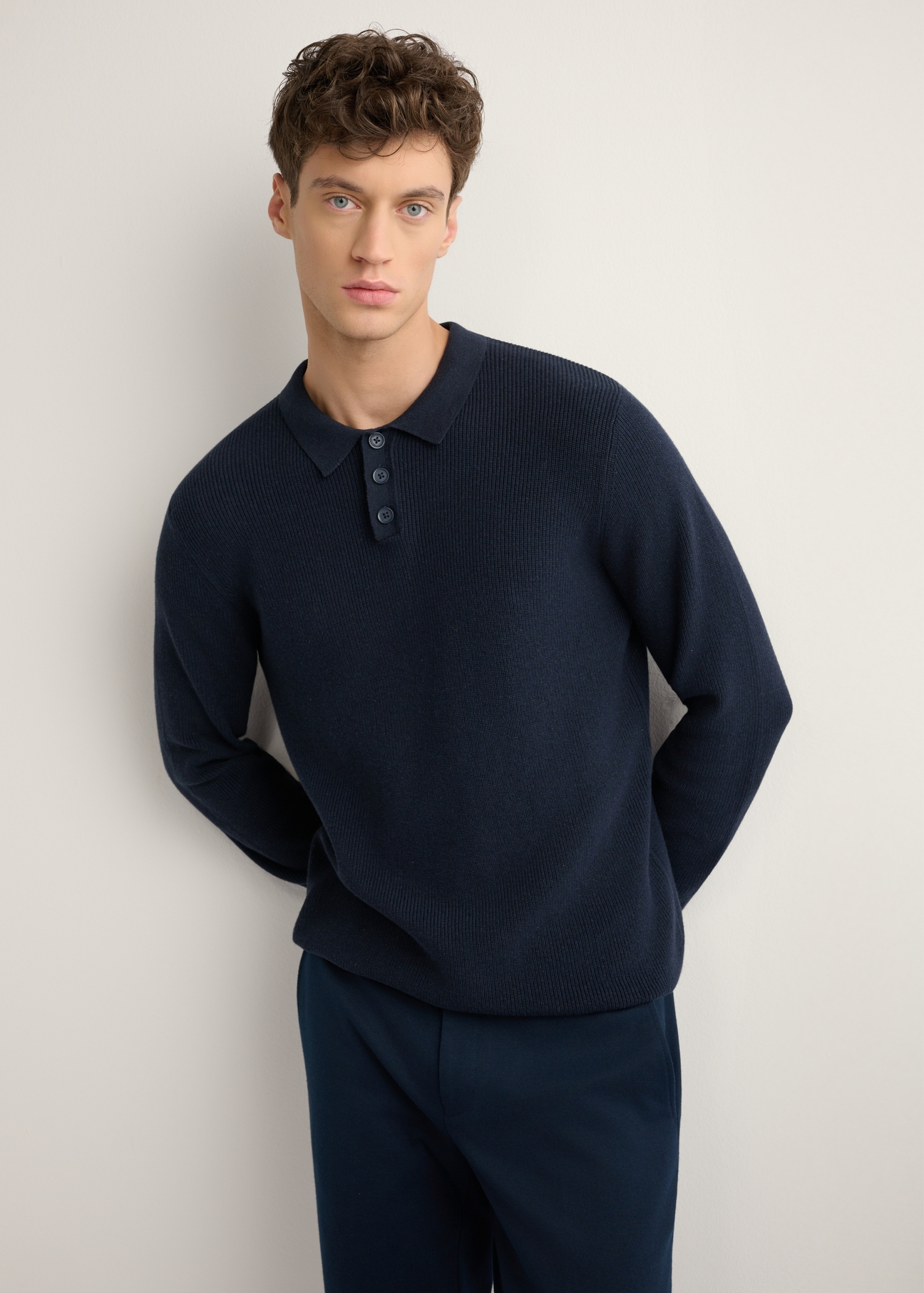 Navy blue cotton men's sweater SWEMT-0188-7E(W26), front product view on model. Half silhouette visible.