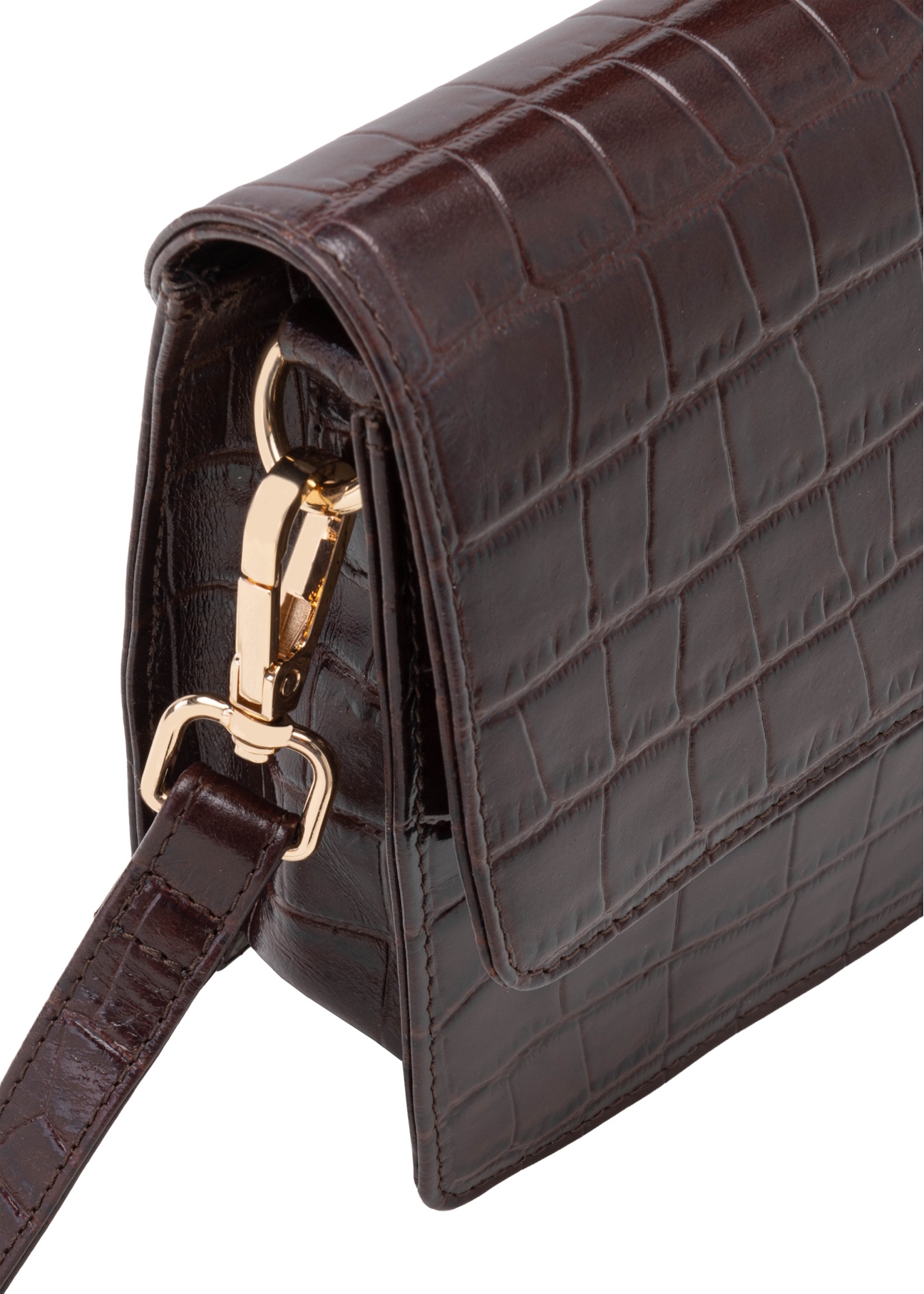 Brown small croco leather handbag TORES-1233-1H(W26), close-up of product detail on white background.