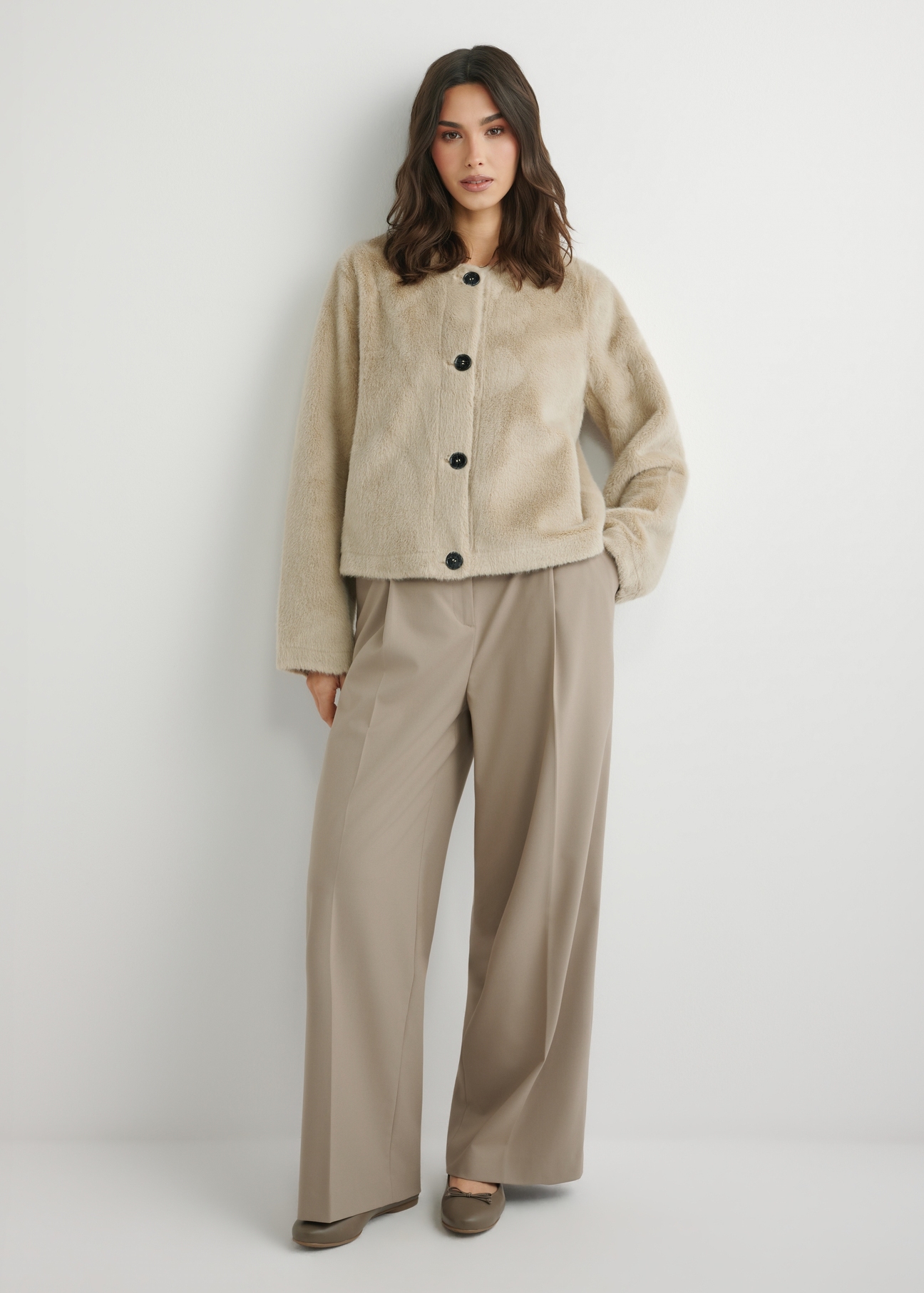 Women's short beige fur coat FUTDP-0079-1A(W26), front view of the product on the model. Full body visible.