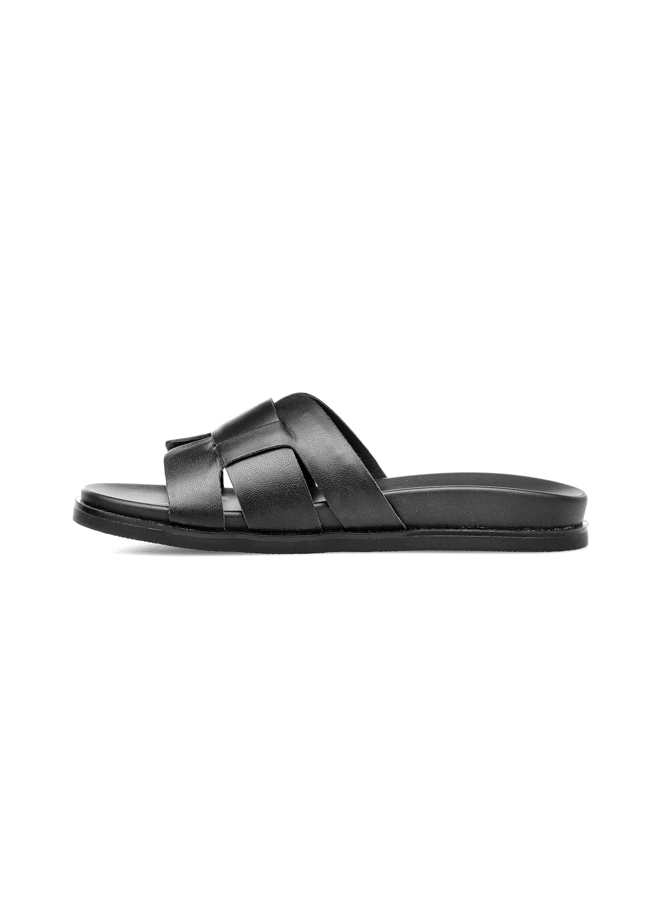 Women's black leather flip-flops BUTYD-1163-99(W25), side view of the product on a white background.