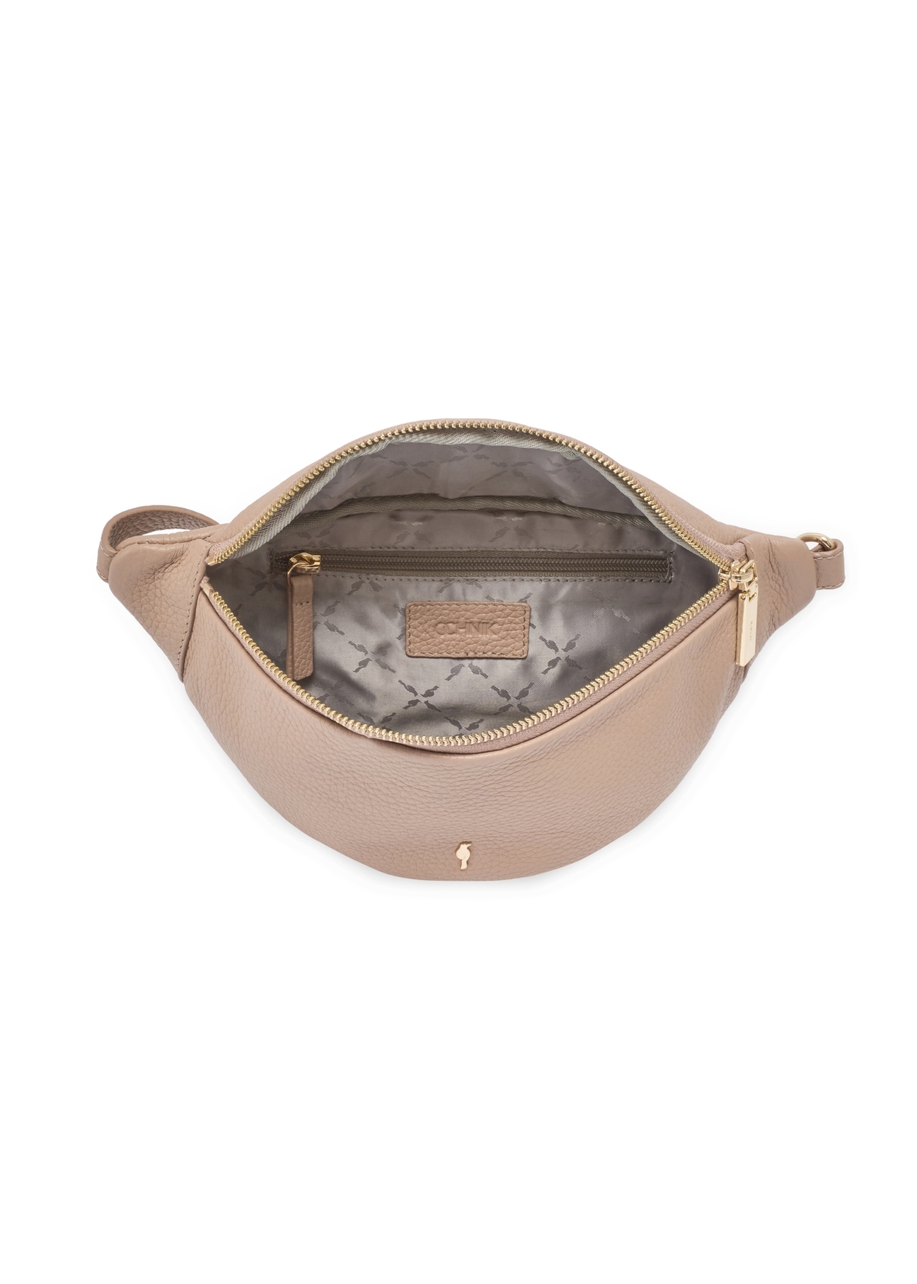 Women's pink leather waist bag TORES-0894E-5D(W26), product view from above on white background.