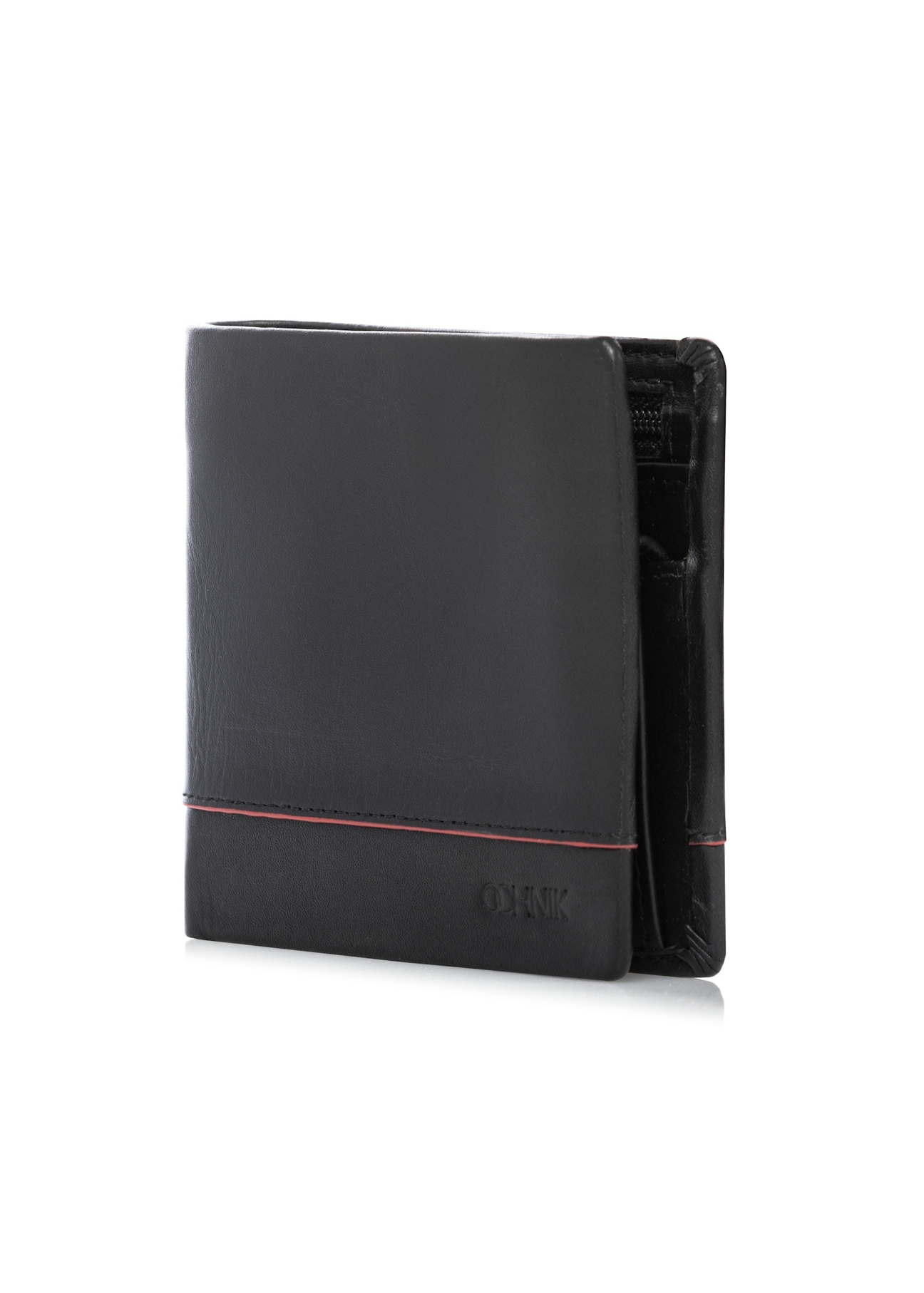 Black small leather men's wallet PORMS-0696-9J(W26), diagonal product view on white background.