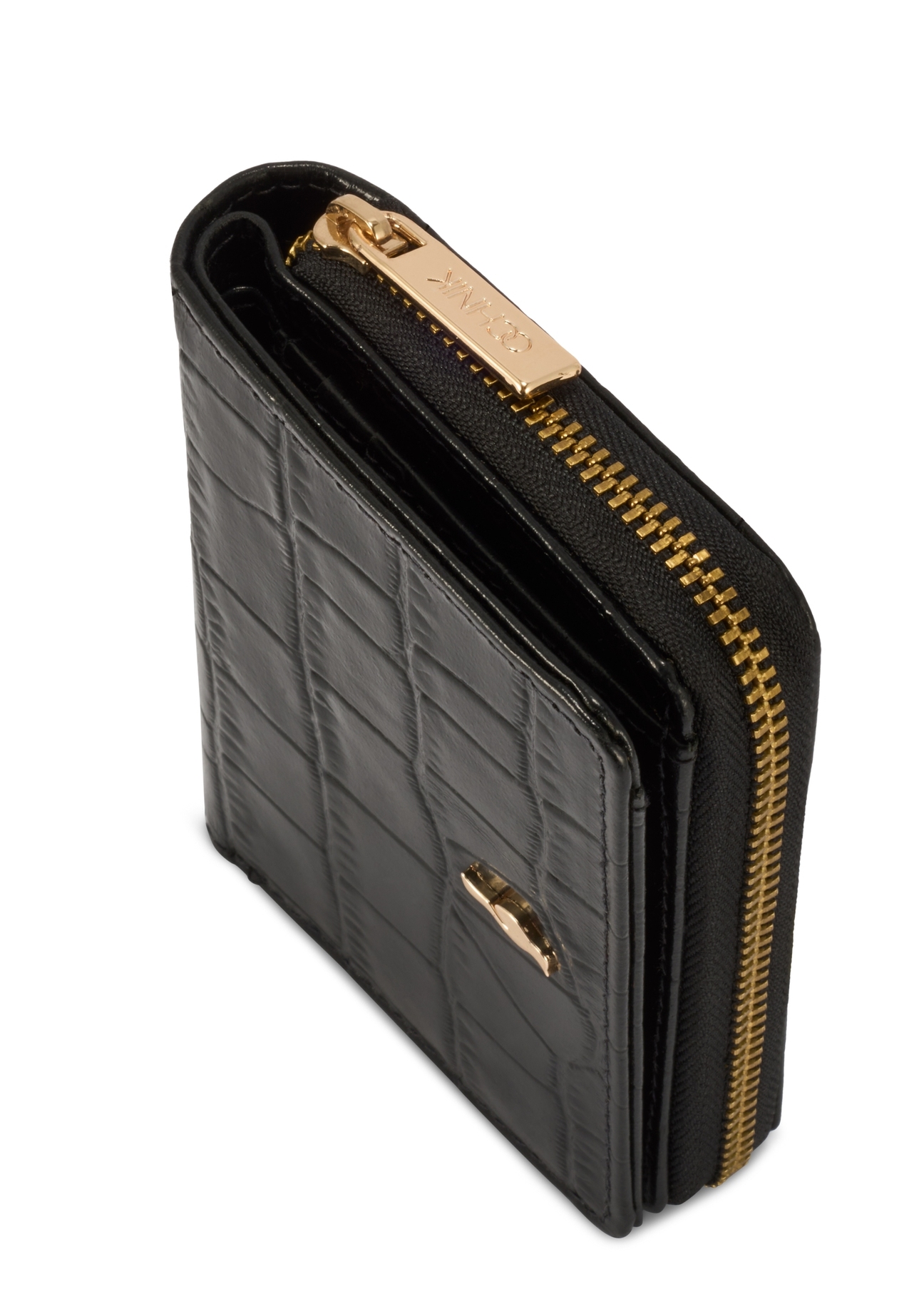Black women's croco wallet PORES-0888B-99(Z25), close-up of the product detail, view on a white background.