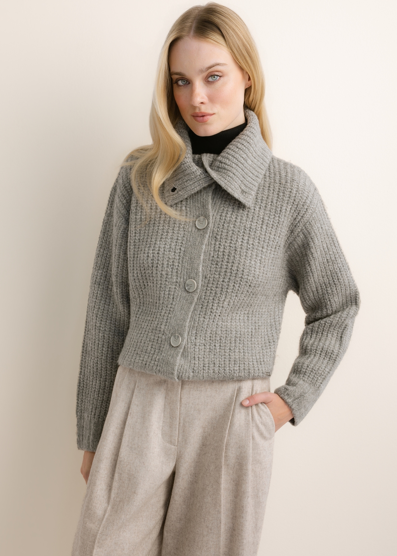 Grey women's turtleneck cardigan KARDT-0068-9B(Z26), front view on a model. Half-body shot.