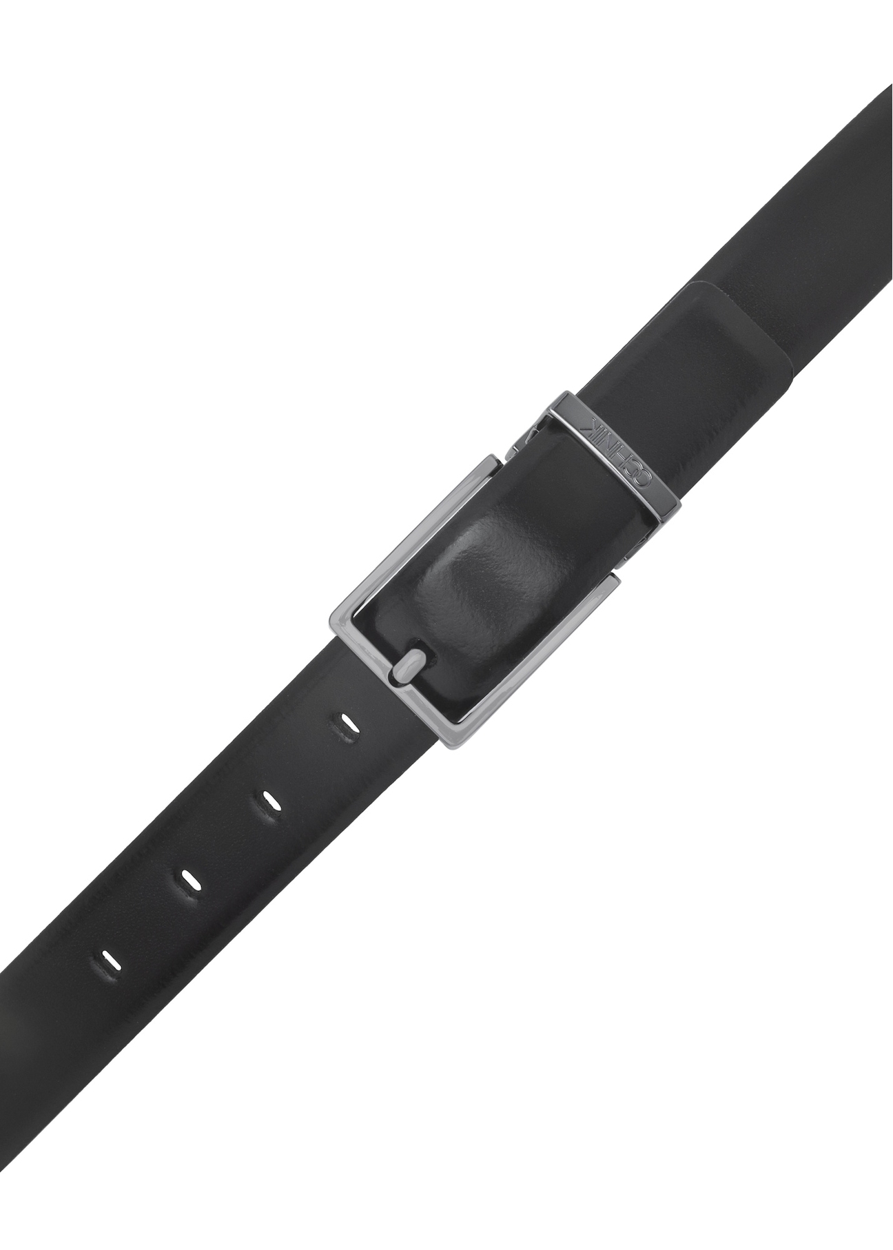 Men's black leather belt PASMS-0263-99(W25), close-up of the buckle on a white background.