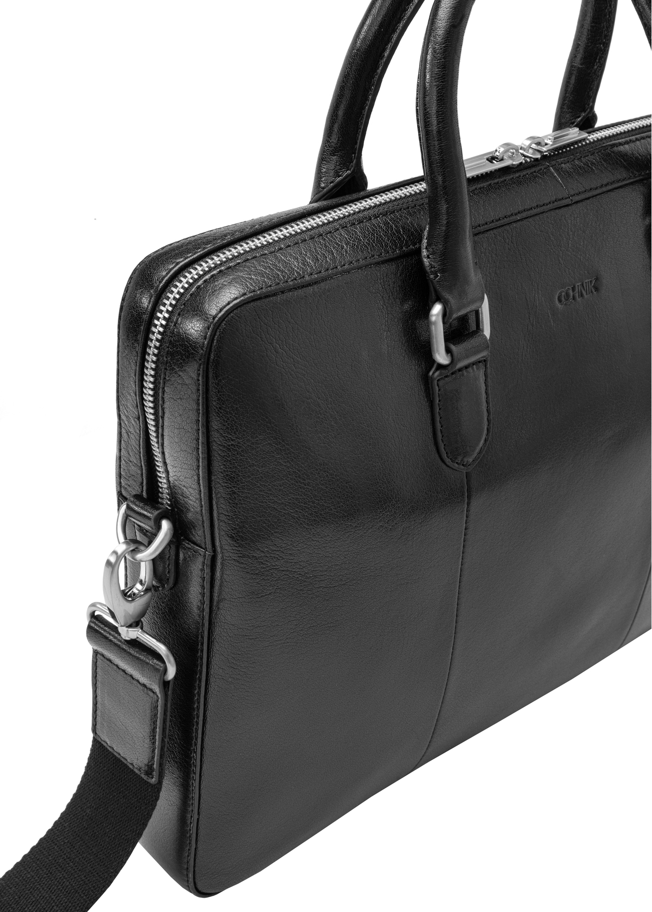 Black leather men's laptop bag TORMS-0506-99(W26) - close-up detail, on white background.