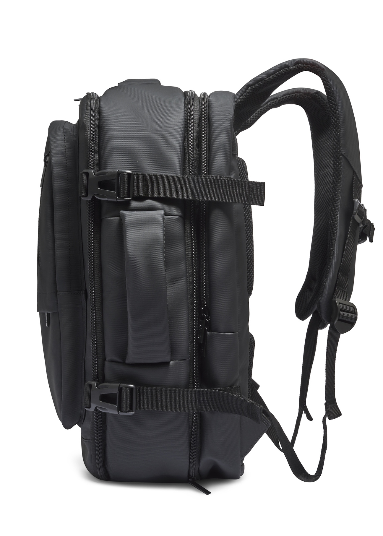 Black large travel backpack PLCMN-0018-99(Z26), side product view on white background.