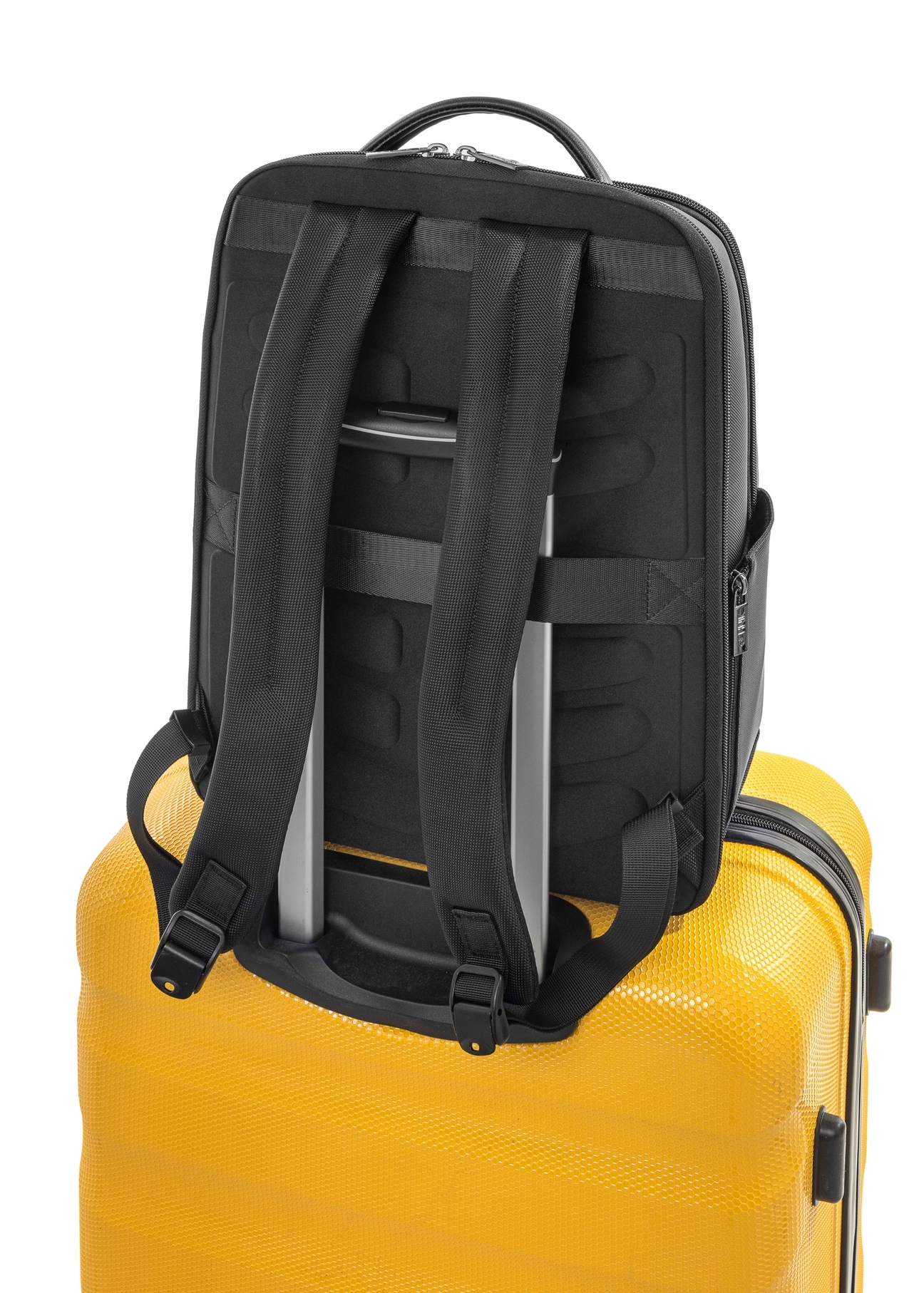 Black men's travel backpack TORMN-0376-99(Z25), product view from the back on the suitcase, view on a white background.