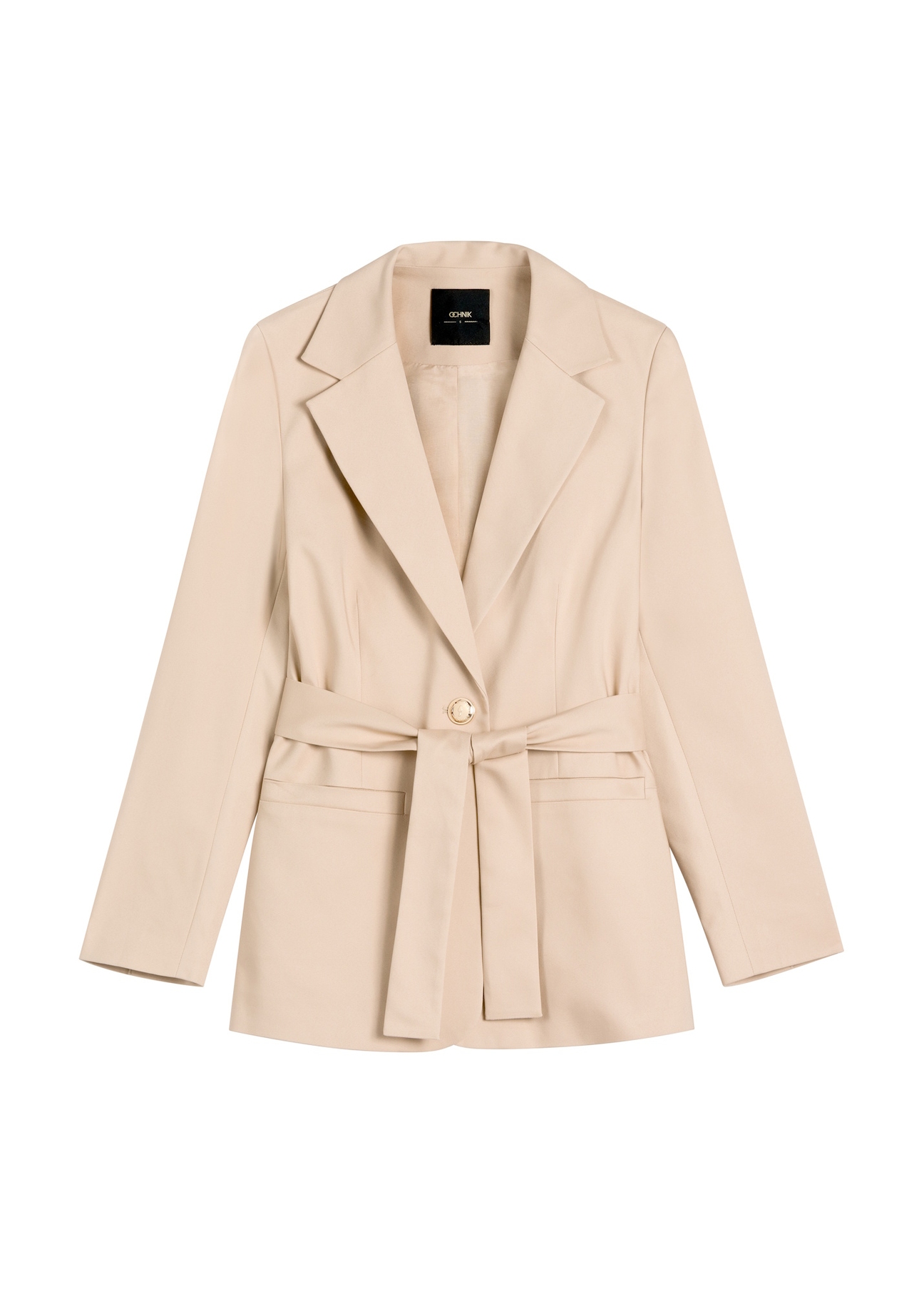 Beige women's blazer with belt ZAKDT-0030-1B(W26), front product view on white background.