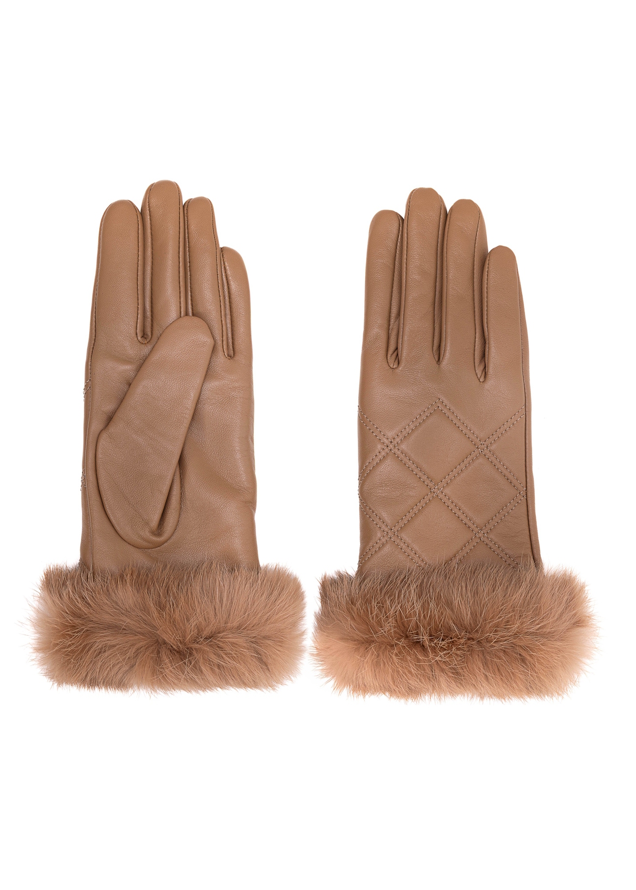Women's leather gloves with rabbit fur REKDS-0071A-81(Z25), front product view on white background.