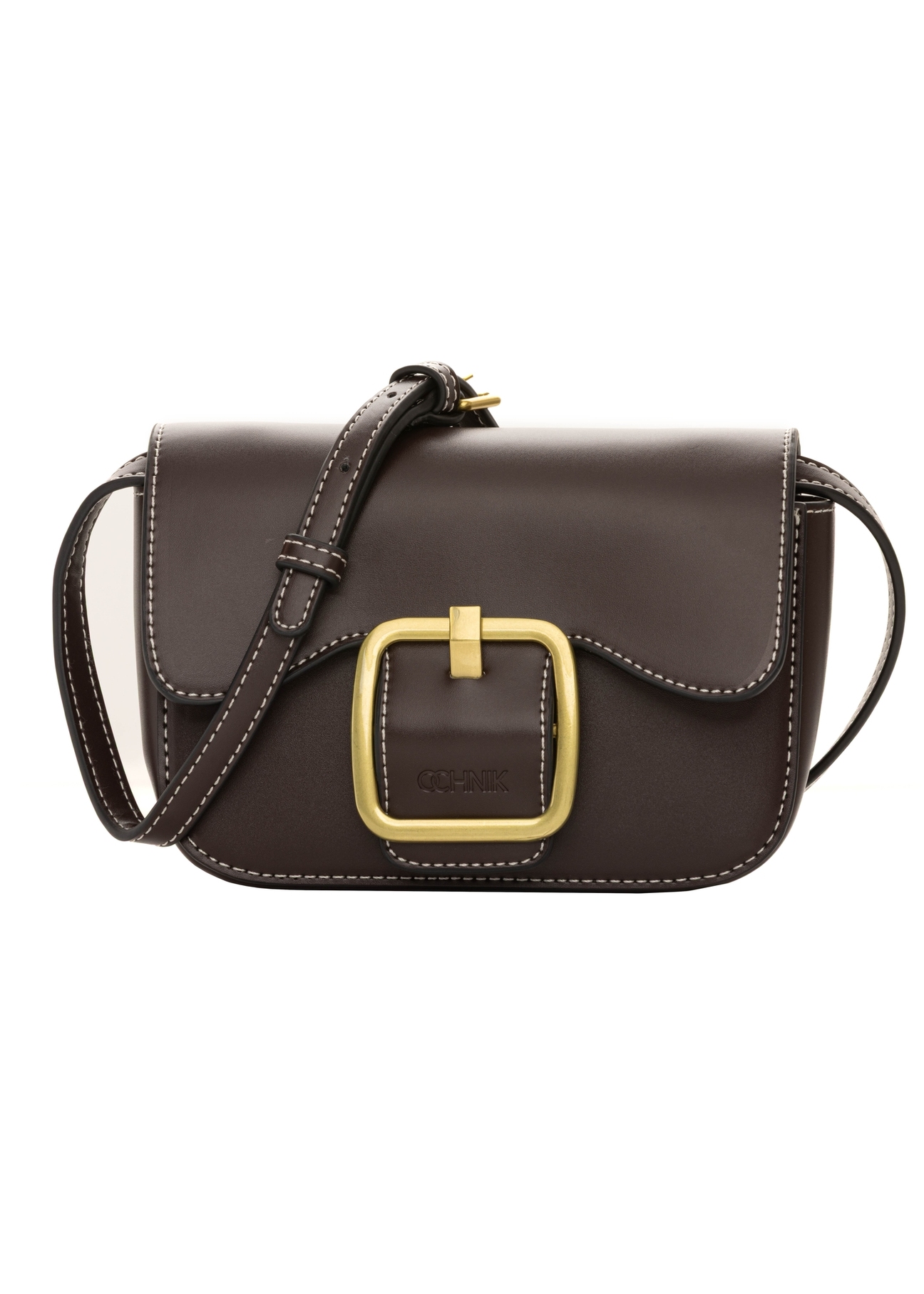 Small brown women's handbag with buckle TOREC-1383-1H(Z26). Front view on a white background.