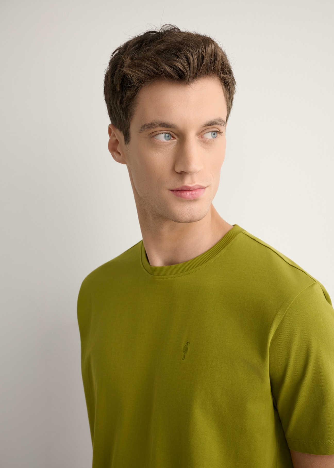 Men's olive T-shirt TSHMT-0120-8E(W26), close-up of the product detail on the model.