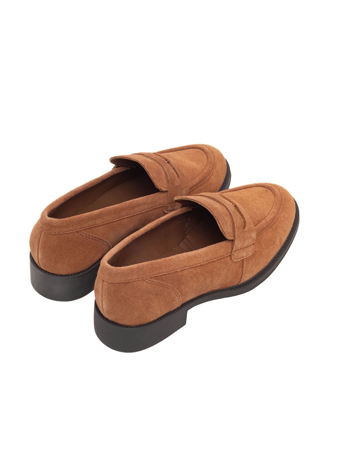 Women's cognac suede moccasins BUTYD-1199-1F(Z26), product view from the back on a white background.