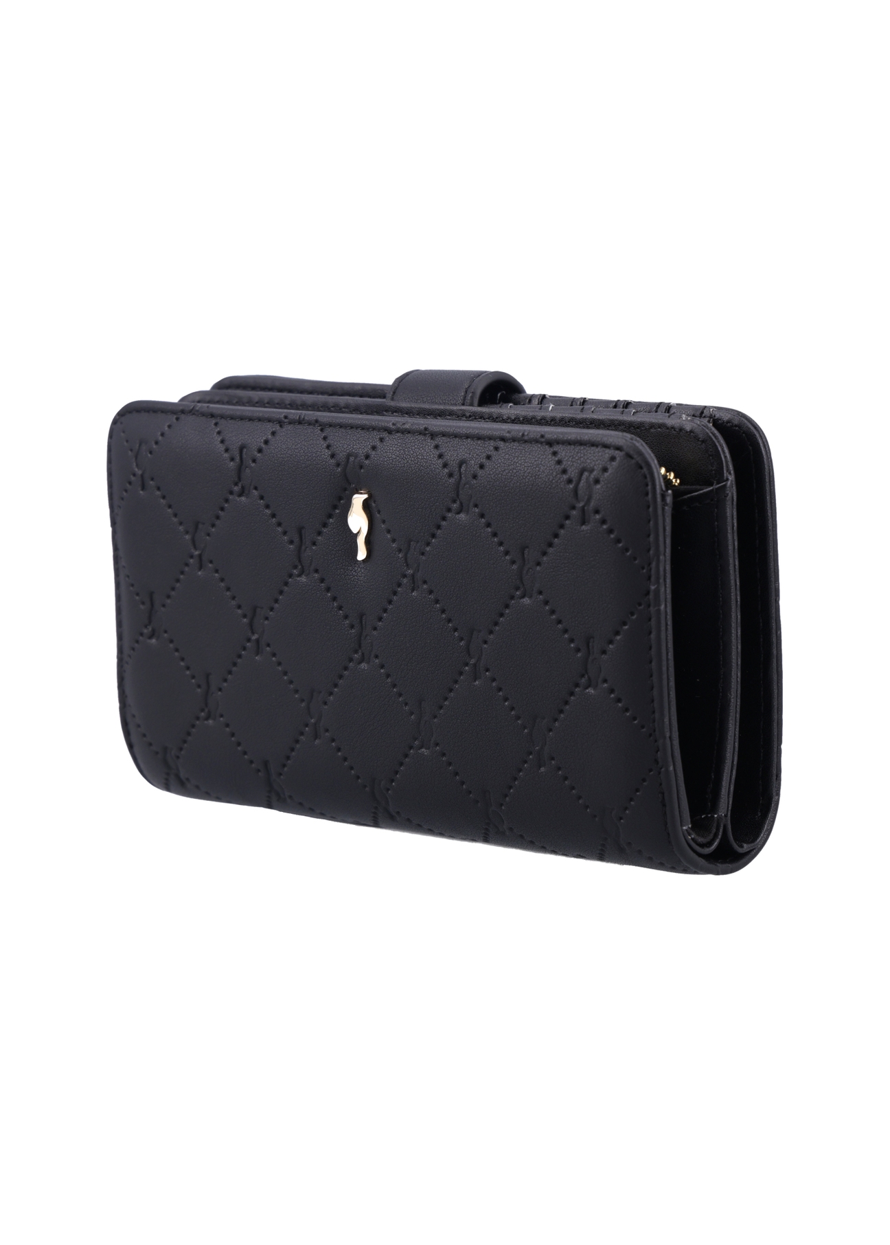 Black women's wallet with monogram POREC-0391A-9P(Z26), diagonal product view on white background.