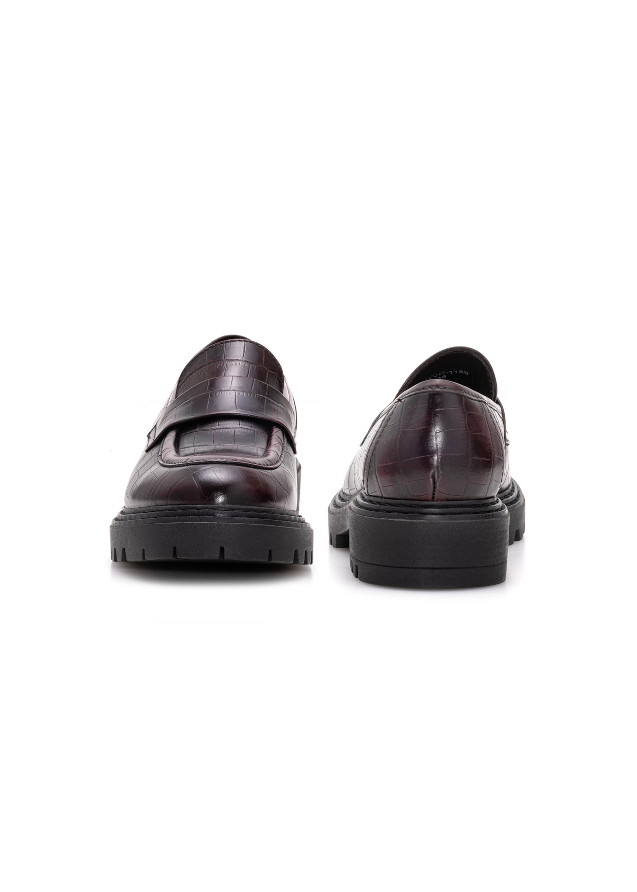 Burgundy women's croco moccasins BUTYD-1189-90(Z25), front and back product view on white background.
