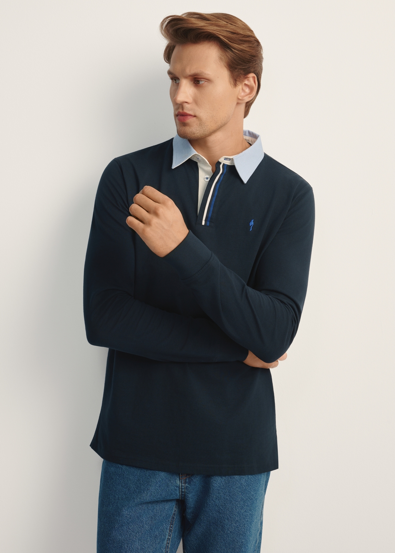 Men's navy blue longsleeve with collar LSLMT-0009-68(Z25), front view of the product on the model. Half of the silhouette visible.