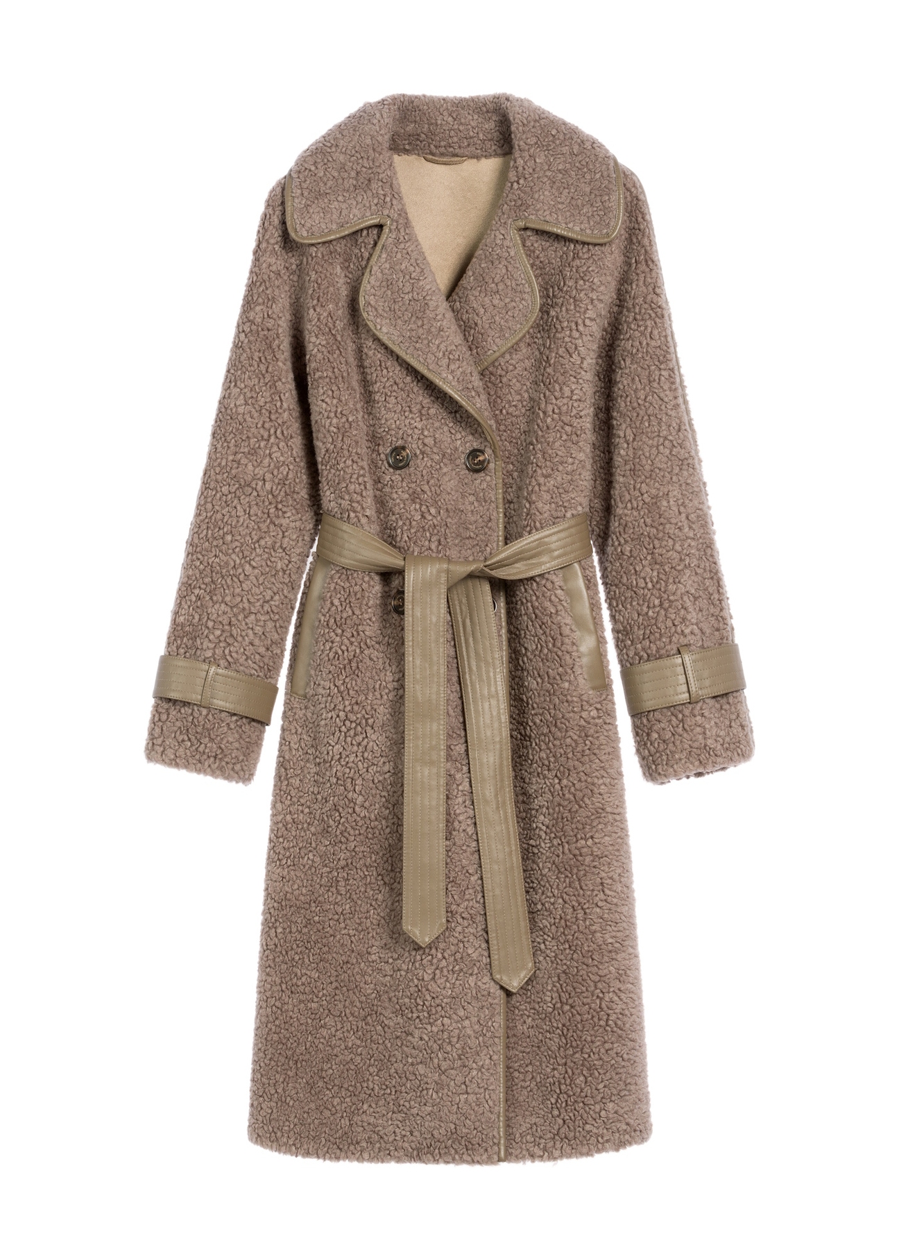 Women's fur coat with wool in brown color FUTDW-0035-91(Z25) - front view of the product on a white background.