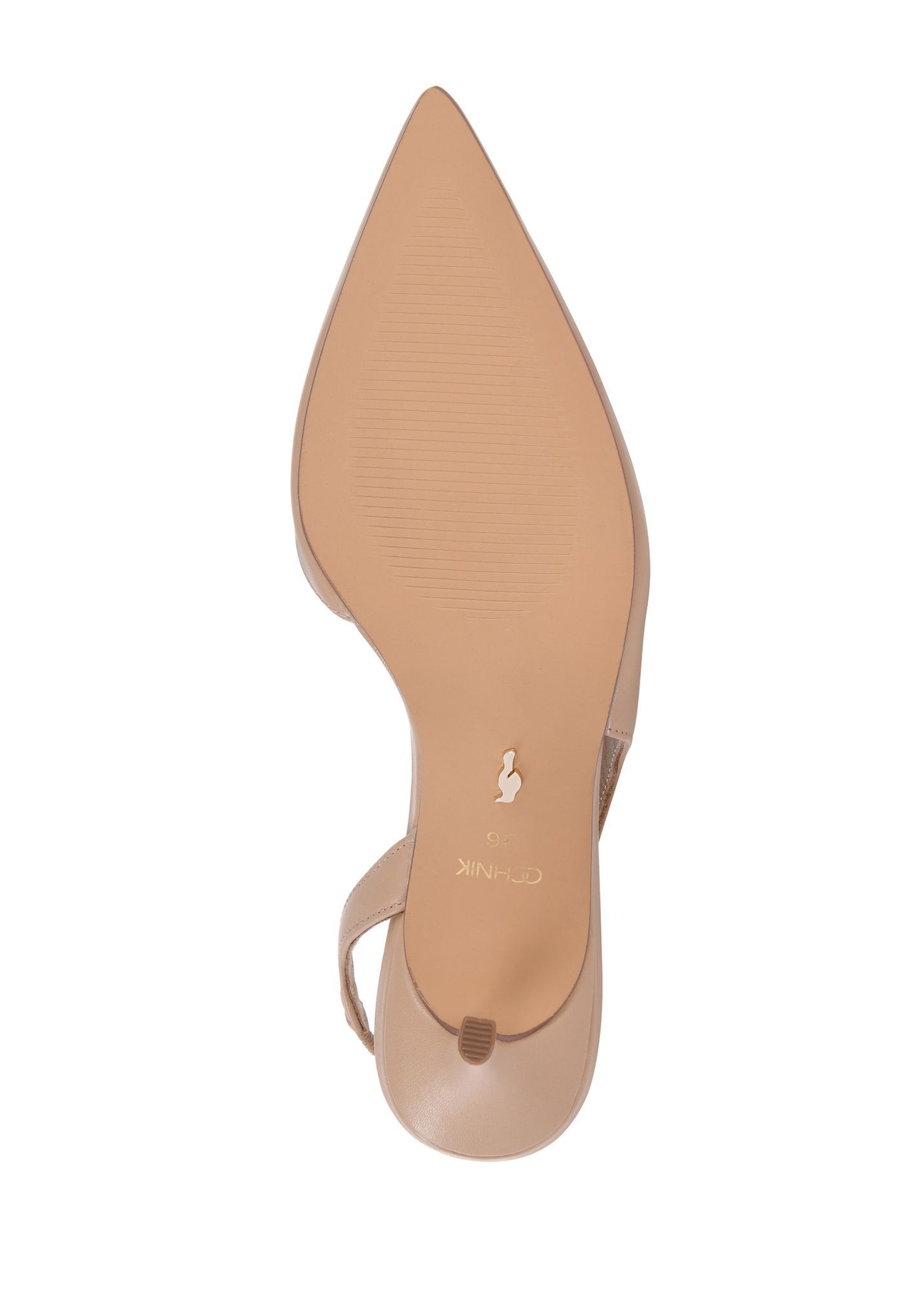 Beige leather pumps with a cut-out heel BUTYD-1078A-1B(W26), view of the sole of the product on a white background.