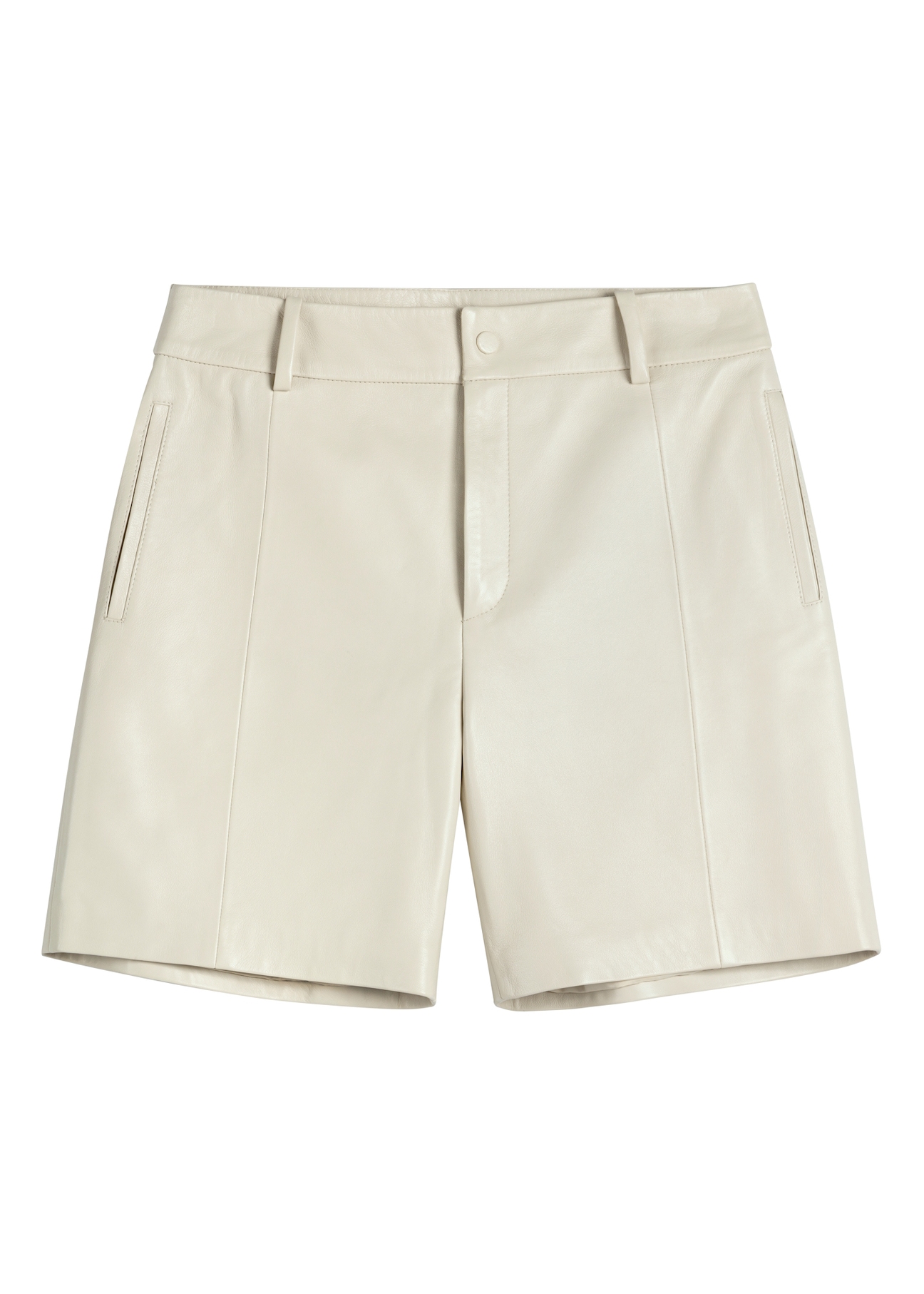 Women's leather cream shorts SPODS-0047-0B(W26), front product view on white background.