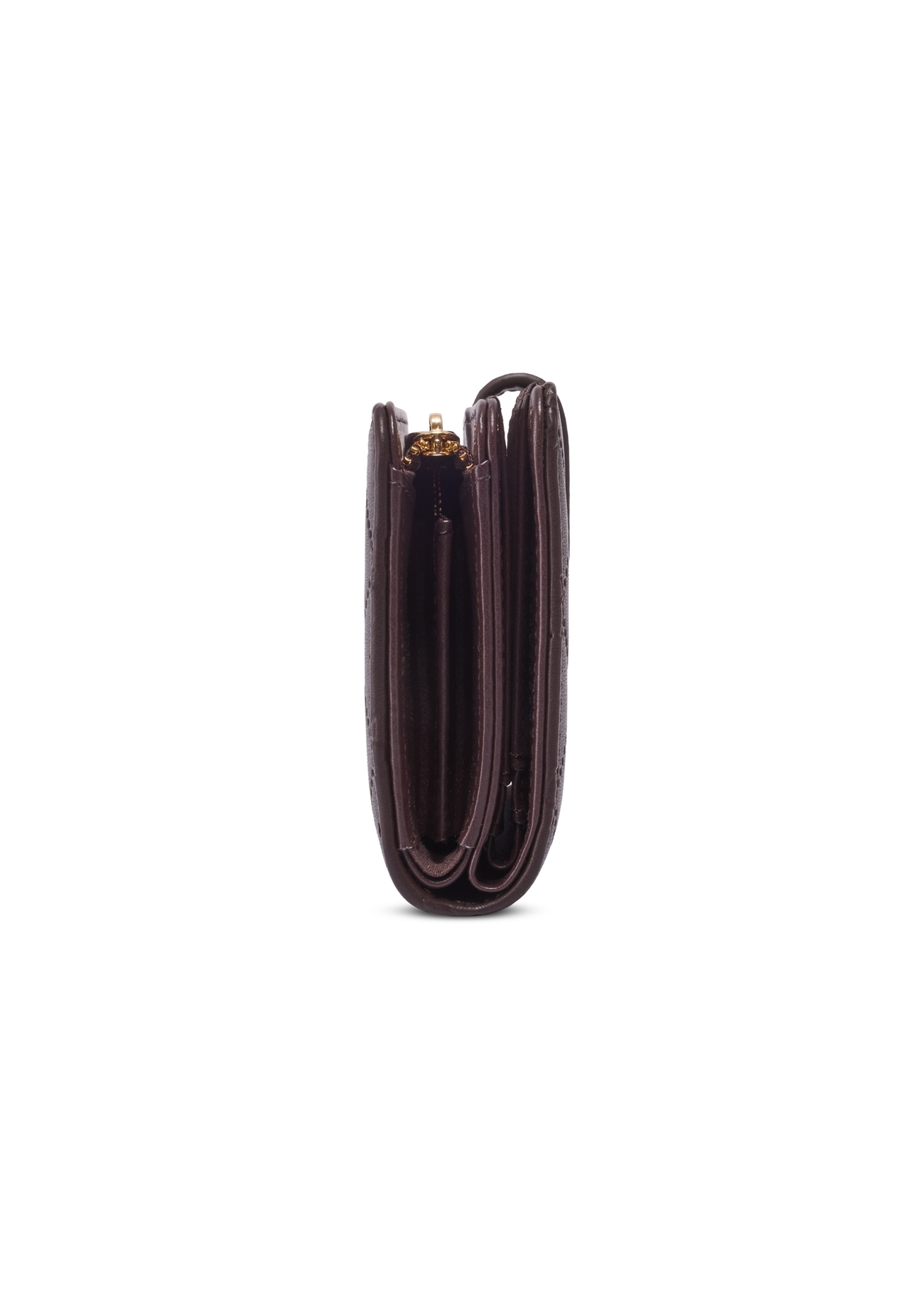 Brown women's wallet with monogram POREC-0391A-1I(Z26), side product view on white background.