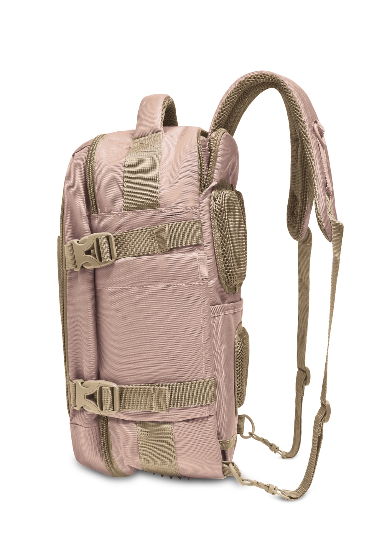 Dark beige airplane backpack PLCMN-0017-1C(Z26), side view of the product on a white background.